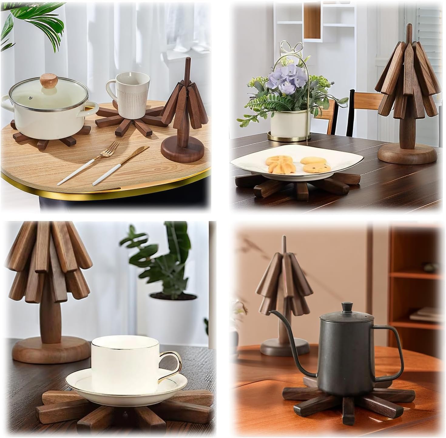 Dessous de plat arbre pliable design – Set bois de noyer – Antidérapant & résistant à la chaleur – Idéal salon, cuisine, bureau – Support théière multifonction – Accessoire maison décoratif