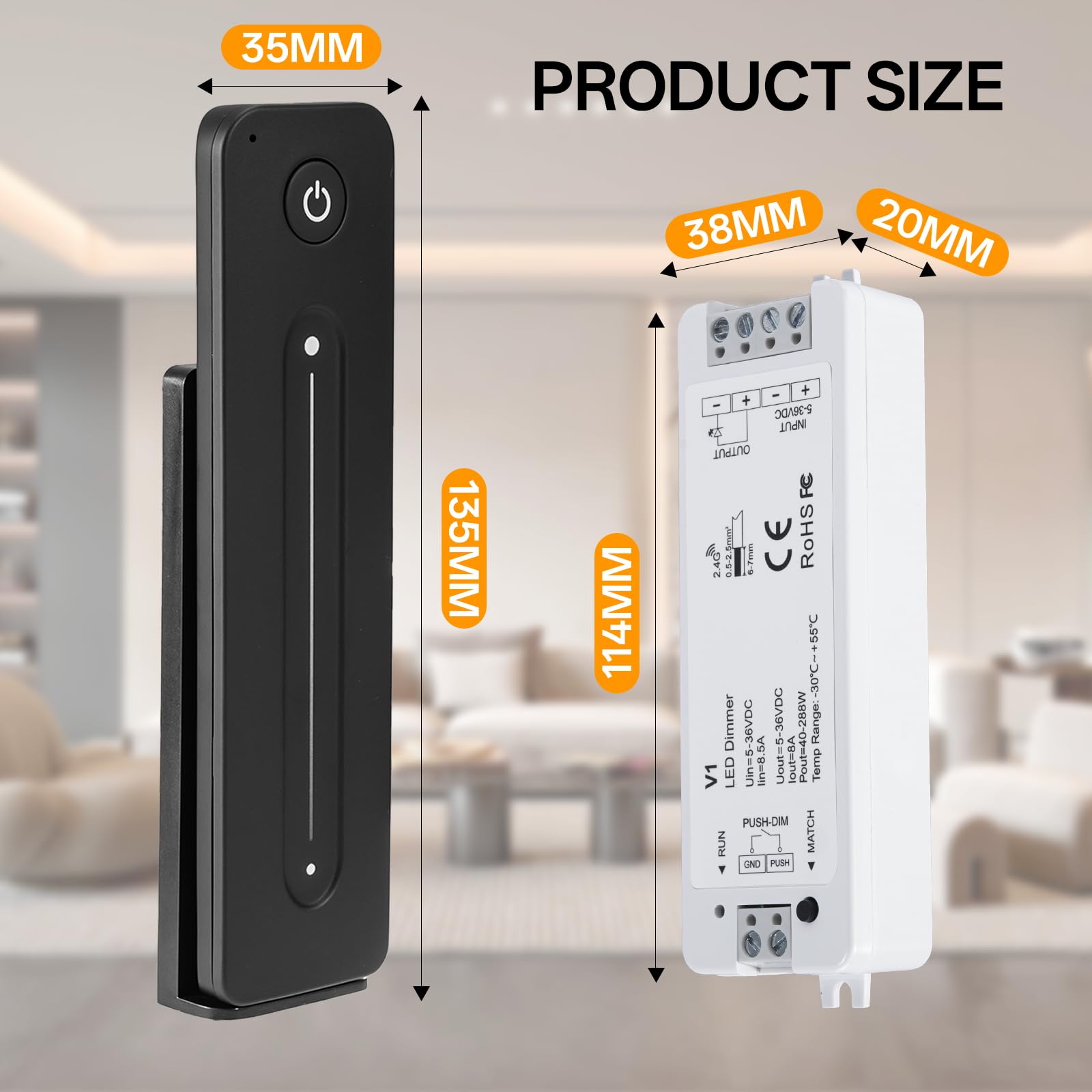 RF 2,4 GHz Variateur de Lumiere LED avec Télécommande, DC 5V-36V 8A Gradateur Contrôleur Montage mural magnétique Pour Couleur Unique Bande LED Lumineuse Dimmable