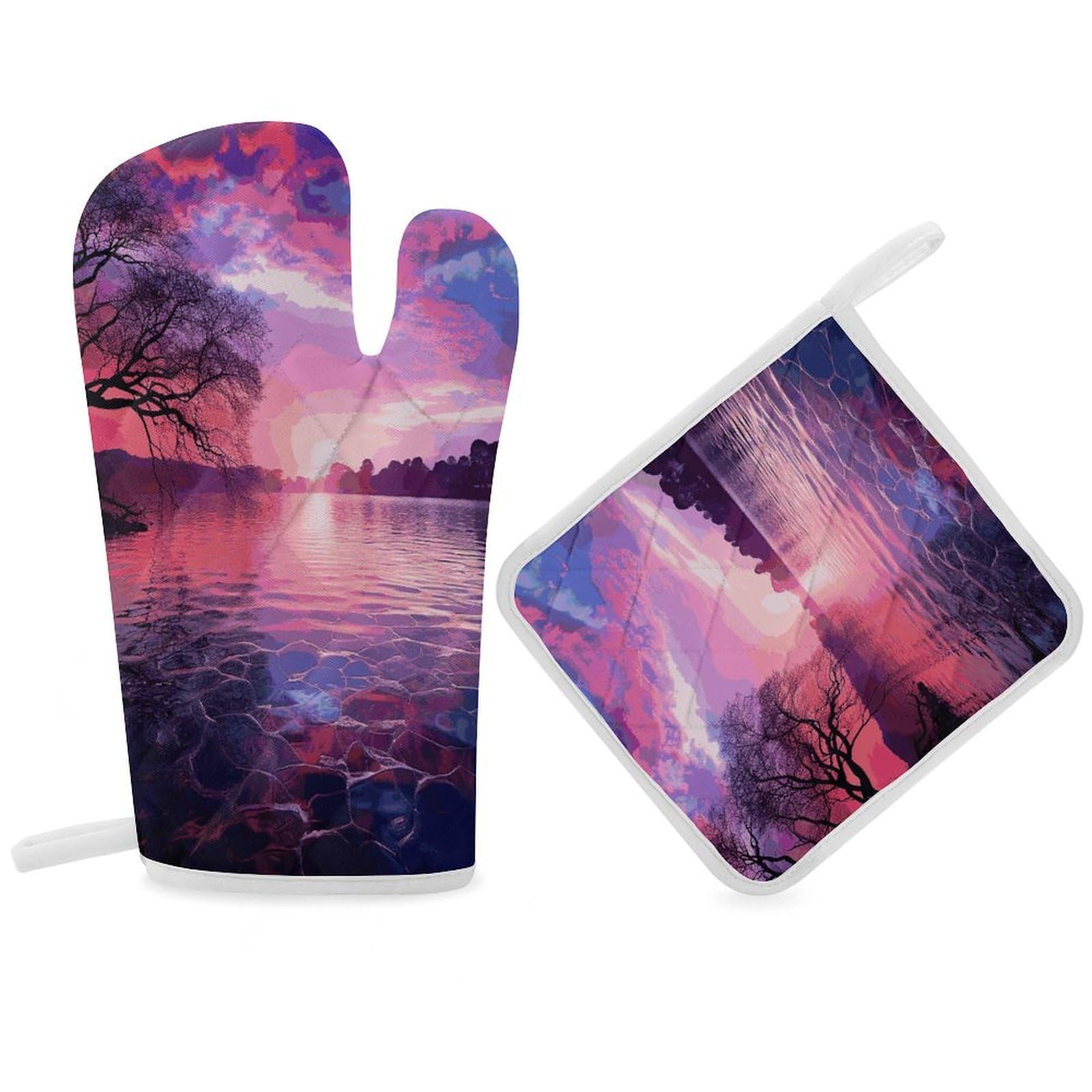 Purple Sunset on Water Oven Mitt Thick Substantial Heat Insulation Gloves Soft Skin-Friendly Temperature Resistant Oven Mitts for Cooking Lover Cooks
