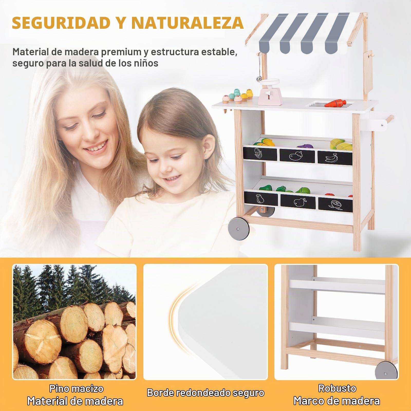 HOMASIS Carrito de Helados Infantil con Accesorios, Tienda de Madera con 2 estantes, heladería con Ruedas móviles y toldo, Juego de casita de muñecas para niños 3+ años, 79,5x29,5x100cm (Blanco)