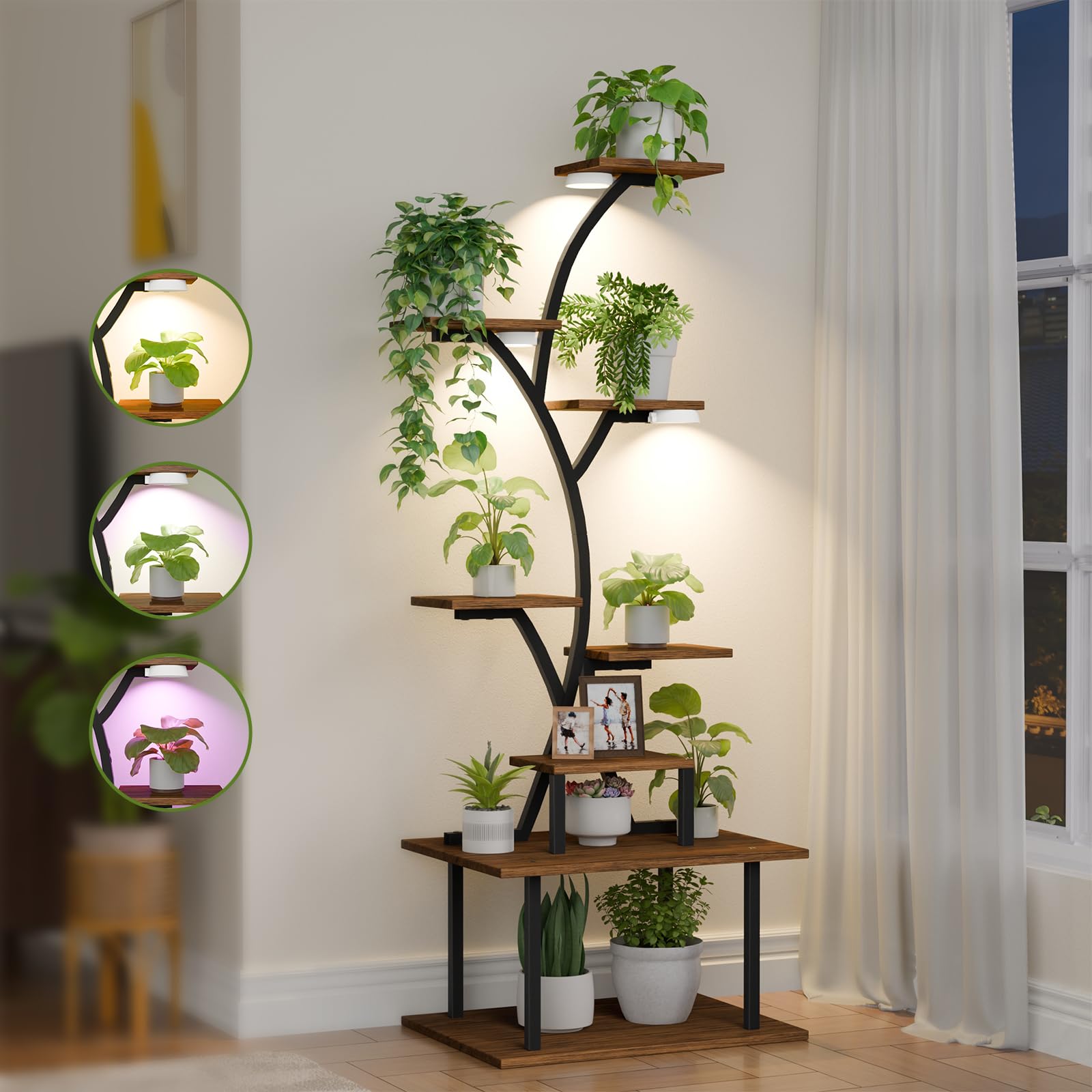 Plant Stand Indoor with Grow Lights, 8 Tier 54.7" Metal Plant Shelf for Multiple Plants, Tall Lighted Plants Shelves Corner Flower Holder, S-Shape Plant Display Rack for Home Living Room Balcony Patio
