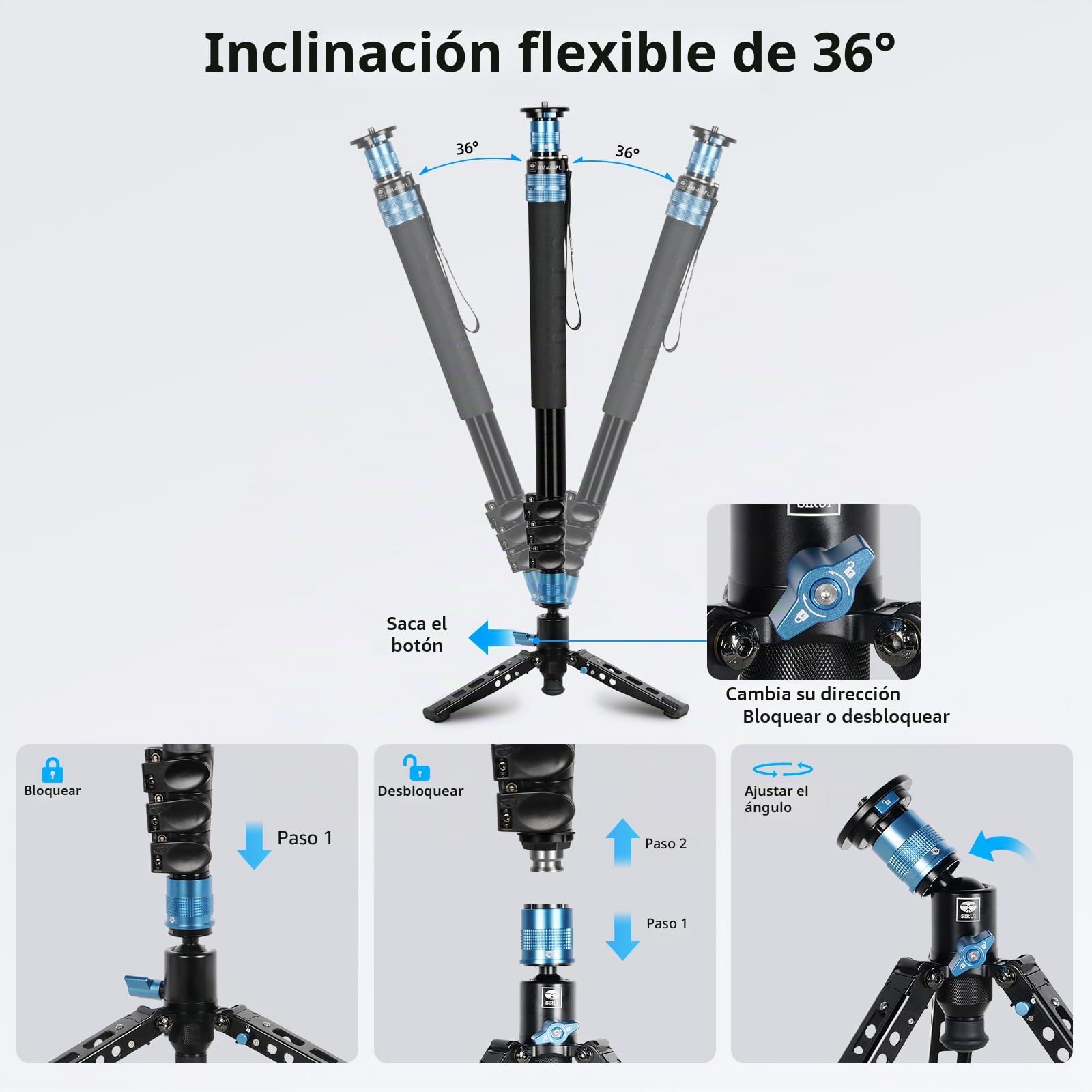 SIRUI 74.8" Monopié para Cámara con Pies, Monopod de Aluminio con Base Extraíble, Carga Máxima 26 Libras, Panorámica de 360 °, 4 Secciones para Cámaras, DSLR, Videocámara - AM-404FL