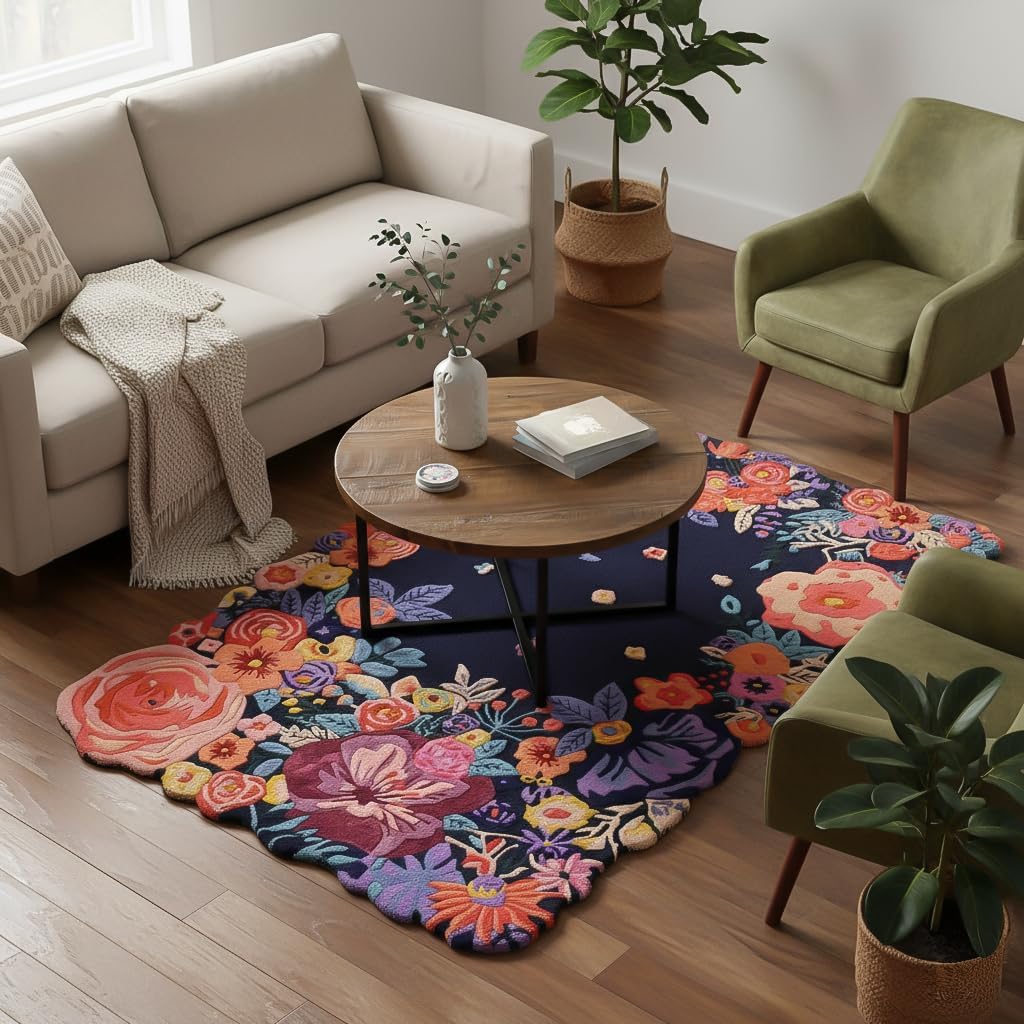 Handmade Floral Irregular Wool Area Rug | Vibrant Multicoloured Garden Flowers on Navy Background, Soft Plush, Durable & Thick | Perfect for Living Room, Bedroom Decor (Navy, 5' round)