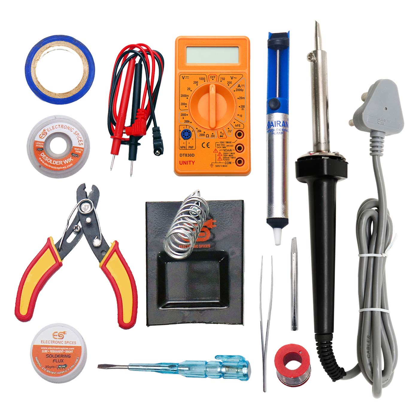 Electronic Spices (12 in 1) Starter kit 60watt Soldering Iron/Digital multimeter/Iron bit/Solder Stand/Solder Wire/desoldring Pump/desolder Wire/Paste/Cutter Tester/Tape/tweezer (B08Q869YBL) Amazon Price History, Amazon Price Tracker