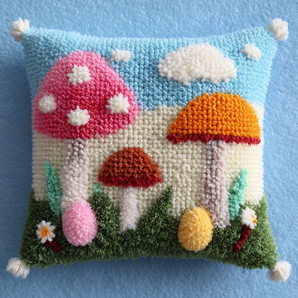 WallustrioaW Latch Hook Cushion Kits for Adults BeginnersCartoon Mushroom,Handmade Crochet Craft Kits Cushion Cover Needlework for Home Decoration,17x17in