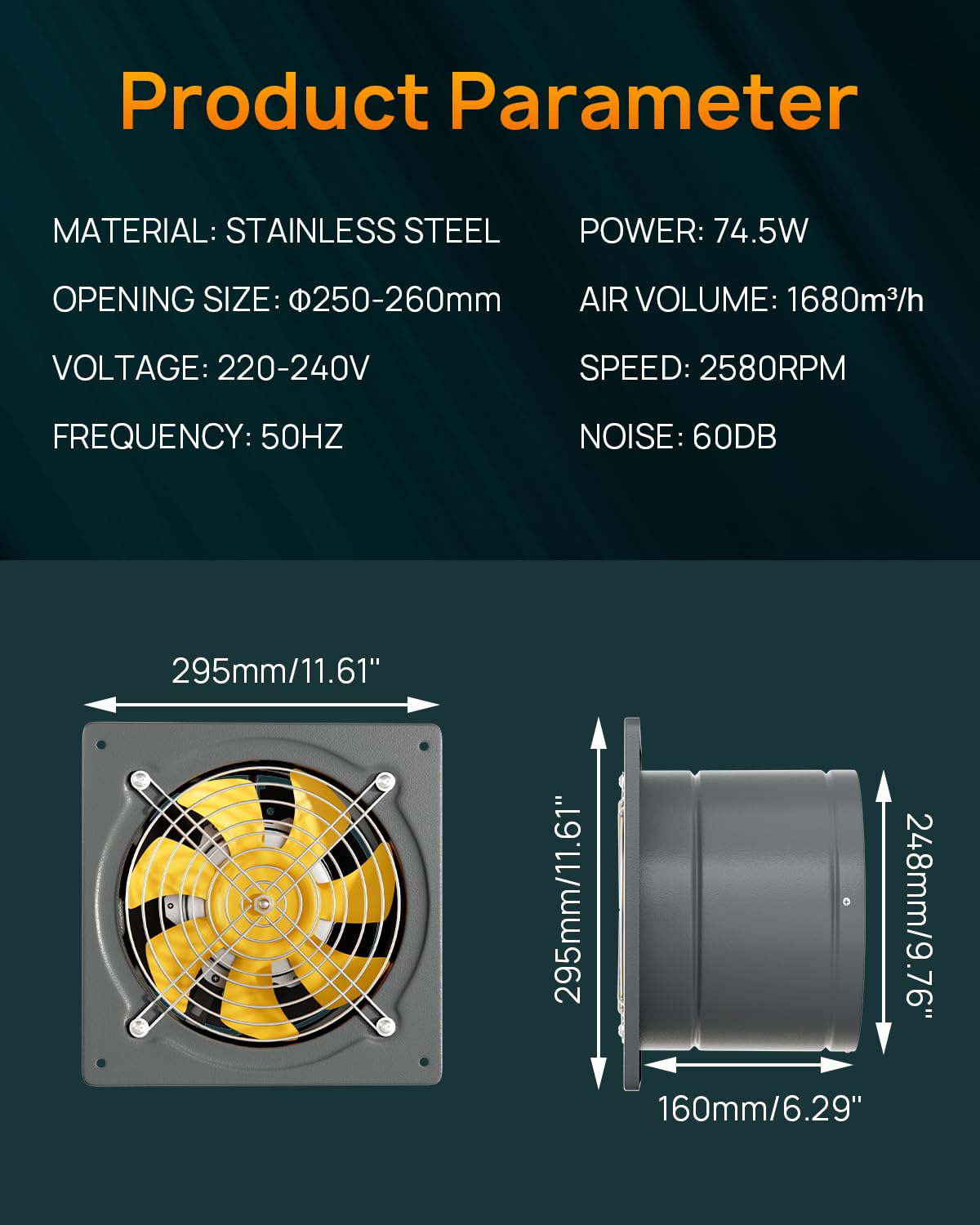 HG Power 250mm Ventola Aspirazione 1680 m³/h Ventilatore di scarico Estrattore per Bagno Cucina Ventilazione, Circolazione dell'aria con Spina EU, Grigio