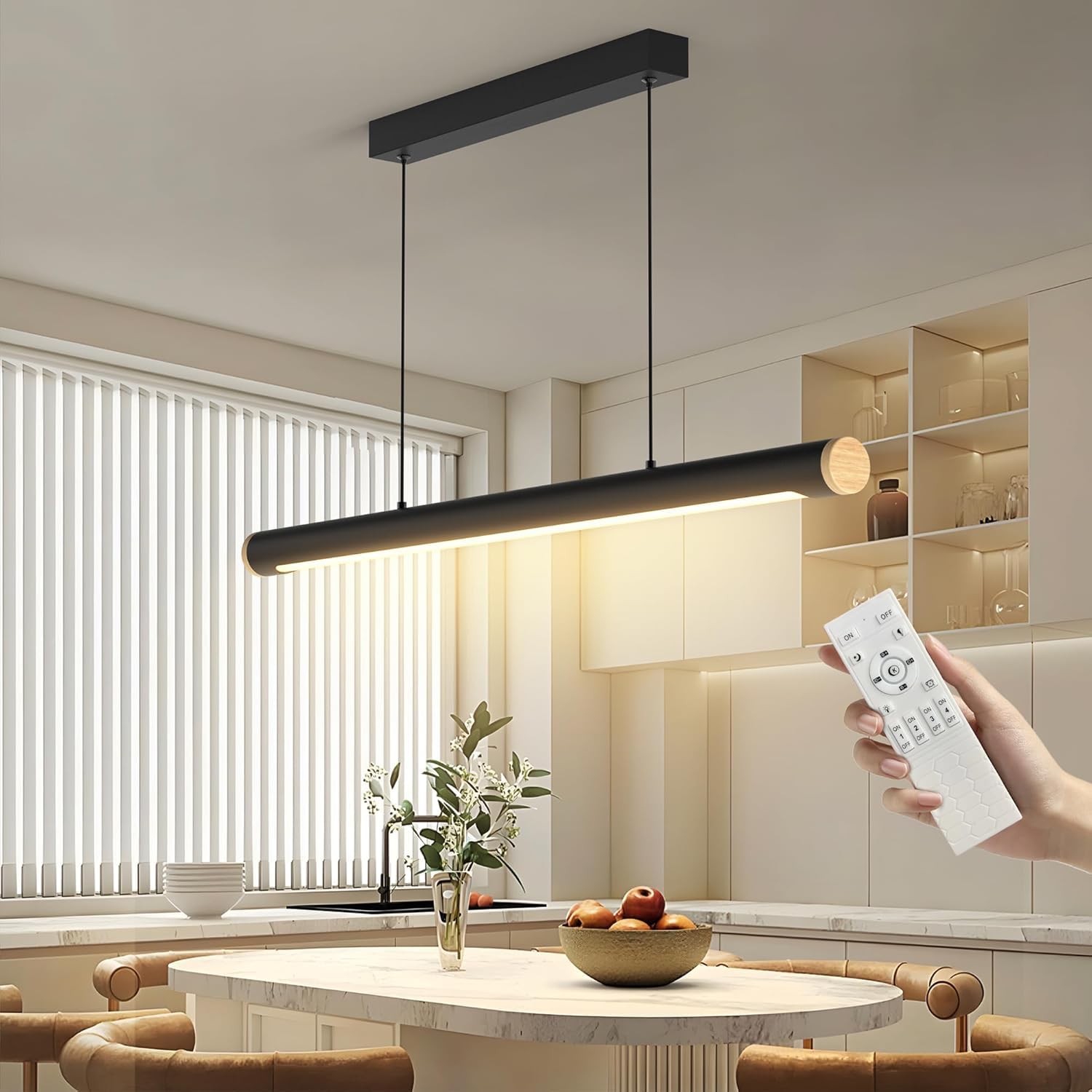 FANLG Lampada a Sospensione Moderna Dimmerabile, 80CM lampada da tavolo nero con telecomando Lampadario cucina Lampadario a sospensione Lineare Regolabile in altezza per sala da pranzo Cucina Ufficio