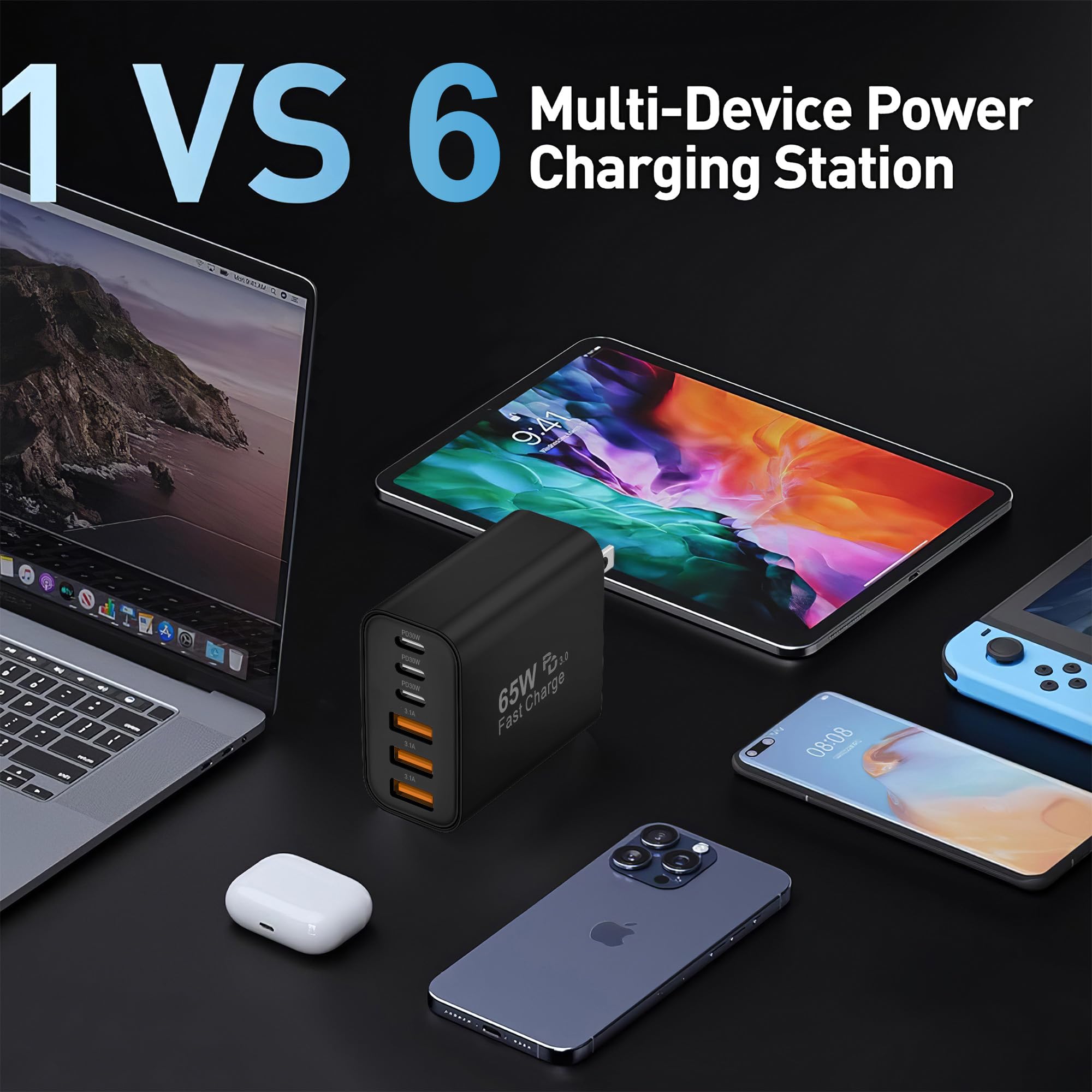 Bloque de Carga USB C, Bloque de Carga USB C de 65 W, 6 Puertos, Cargador de Pared, Cargador de iPhone, Carga rápida, multipuerto Tipo C PD+QC Enchufe de alimentación para Todos los iPhone 17, 16, 15