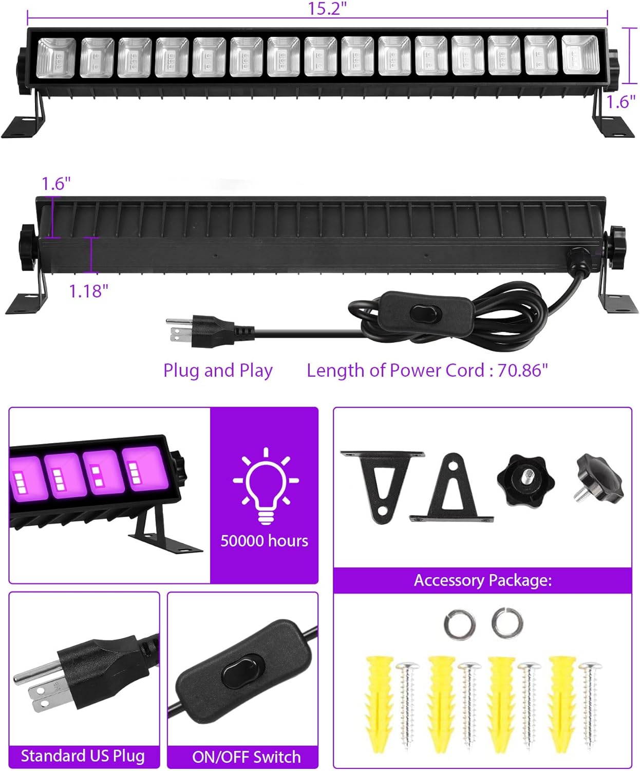 Diagram showing dimensions of the light bar, power cord length, and included accessories like plug, switch, and mounting hardware.