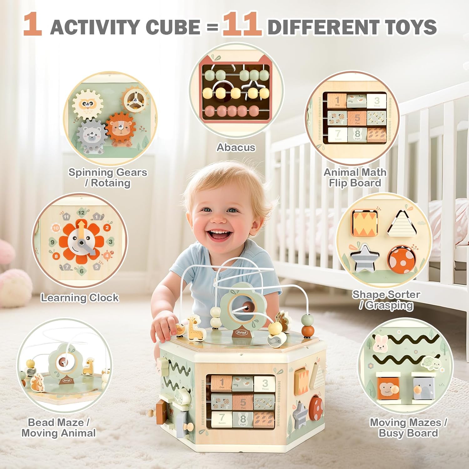 Joyreal Wooden Activity Cube - 11-in-1 Montessori Toys for 1+ Year Old Boys & Girls, Early Developmental Learning Toys for Toddlers and Kids, Ideal 1st Birthday Gift Toys for Baby(Animal Theme) Large Activity Cube
