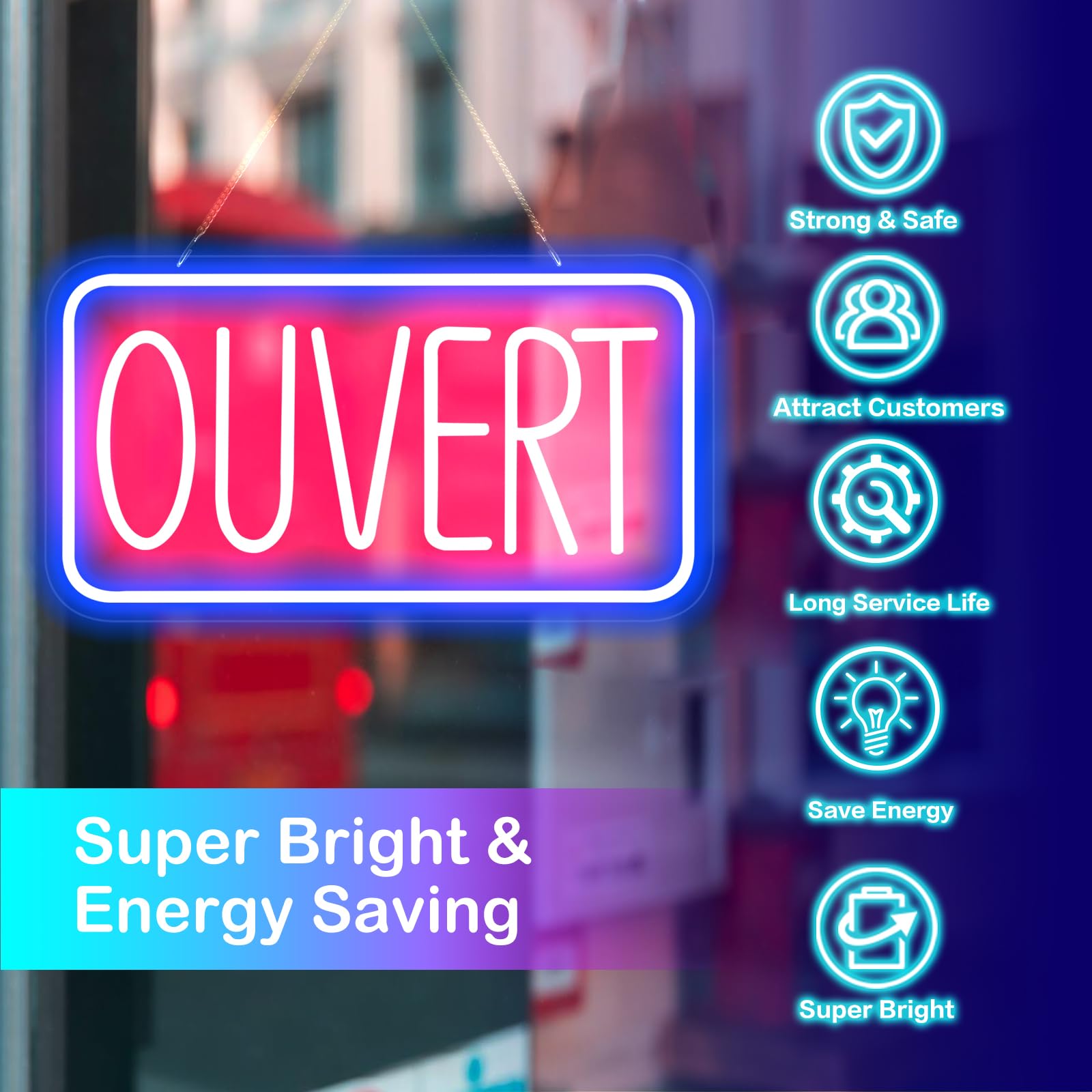 OUVERT Panneau néon LED à suspendre 42 x 22 cm USB avec interrupteur à intensité variable