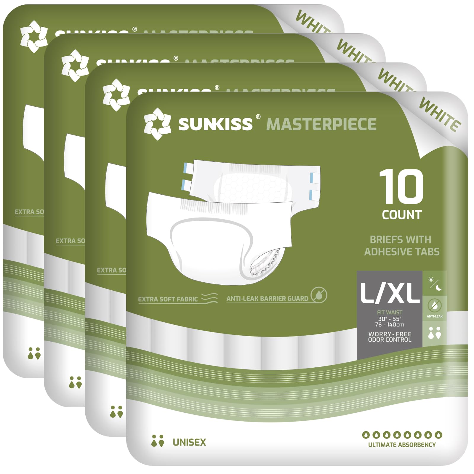 SUNKISS Masterpiece Adult Diapers with Tabs, Unisex Disposable Incontinence Briefs for Women and Men, Odor Control, White, Large, 40 Count (4 Packs of 10)