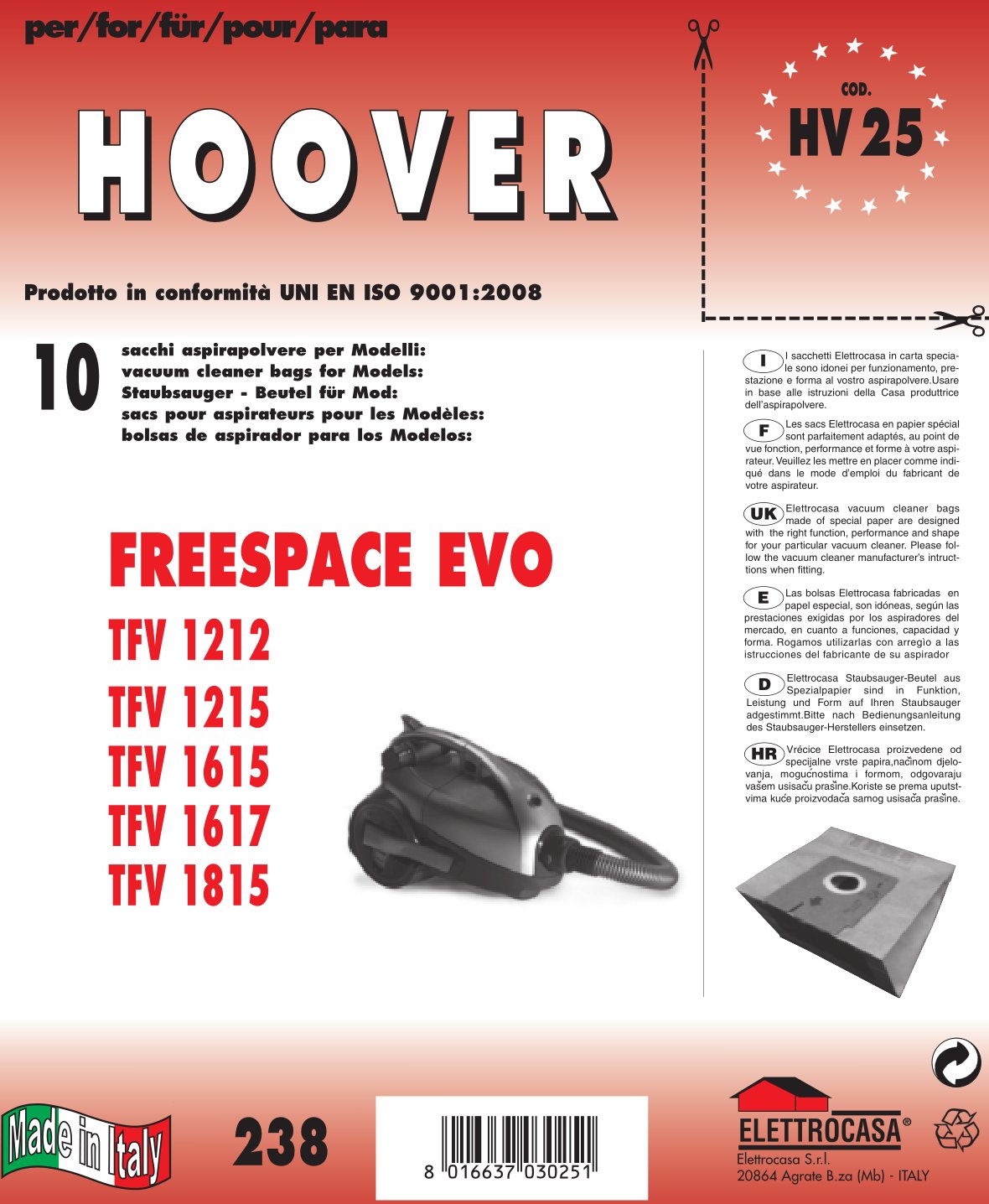 5 Sacchetti Per Aspirapolvere Hoover Tipo H15 E H16 – Modelli S4484, S4486, S4488, S4490