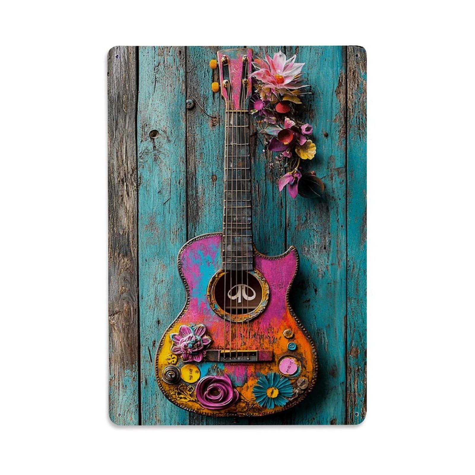 Nestemfo Vintage Colorful Floral Decorated Guitar Art Tin Sign Metal Sign, Living Room,Bar, Home, Bedroom Wall Decor,Retro Metal Poster 8X12 Inches