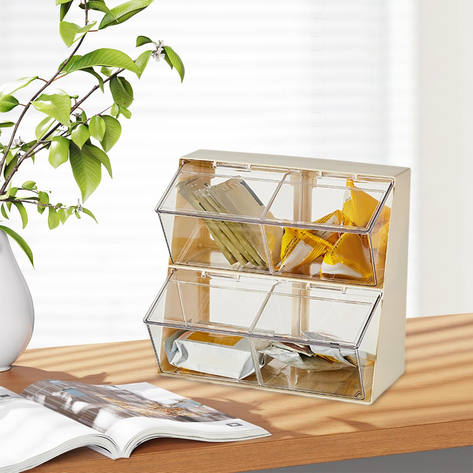 Caja Organizadora de Té Soporte para Café Condimentos Azúcar Y Sobres de Especias con Divisiones PP Resistente Adecuada para Cocina Dormitorio Baño de, Blanco, Individual