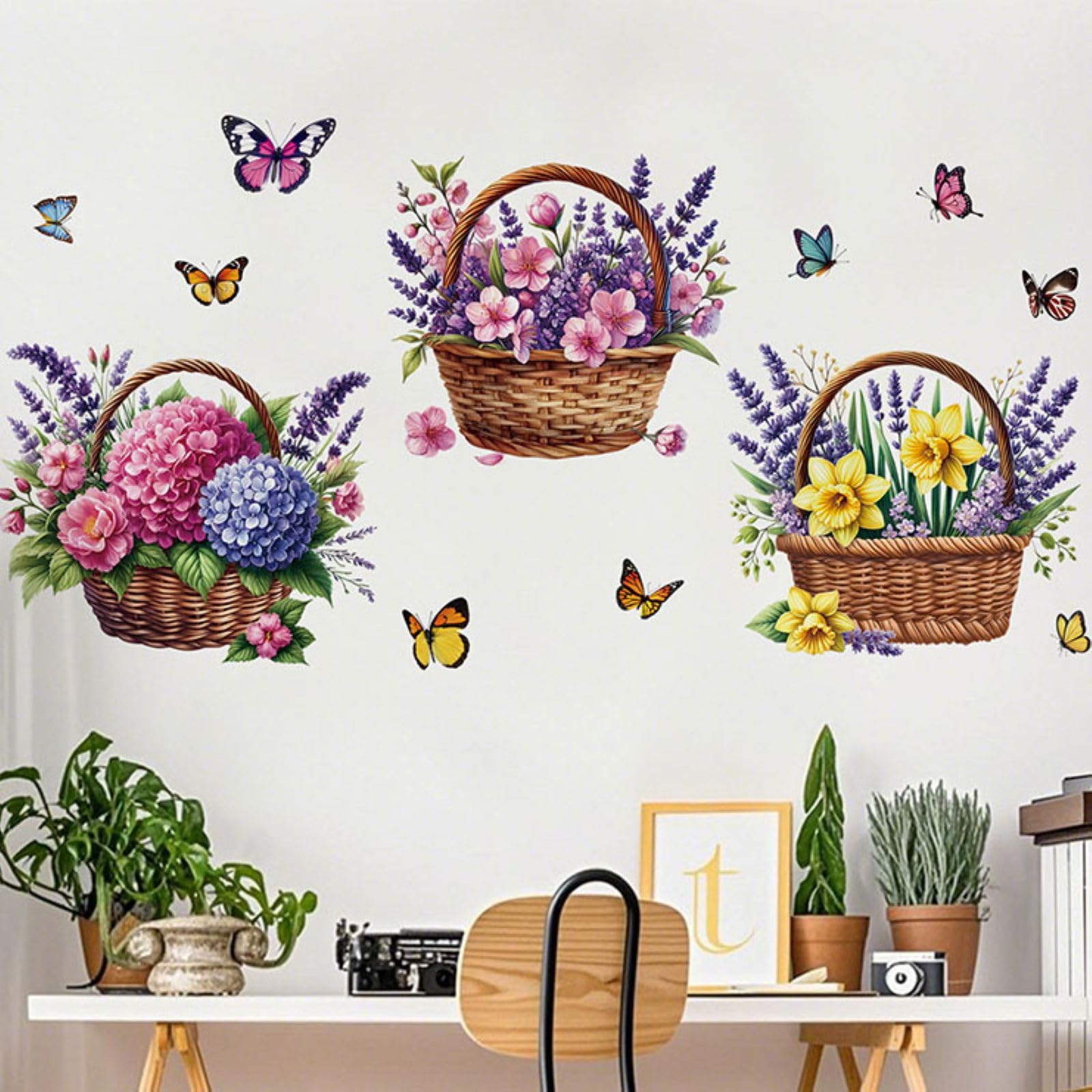 FUFUQUARE Purple Flower Basket Wall Stickers Elegant Butterfly Floral Bouquet Wall Art Decals Peel and Stick Decorations for Bedroom Living Room Nursery Kitchen Toilet Seat Lid