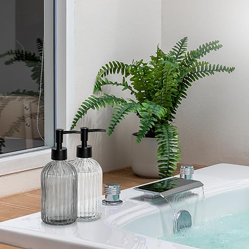 Miniatura 7 de Dispensador de jabón de vidrio de 13.5 onzas con bomba de plástico negro, dispensador de jabón de manos con diseño de rayas verticales para lavar