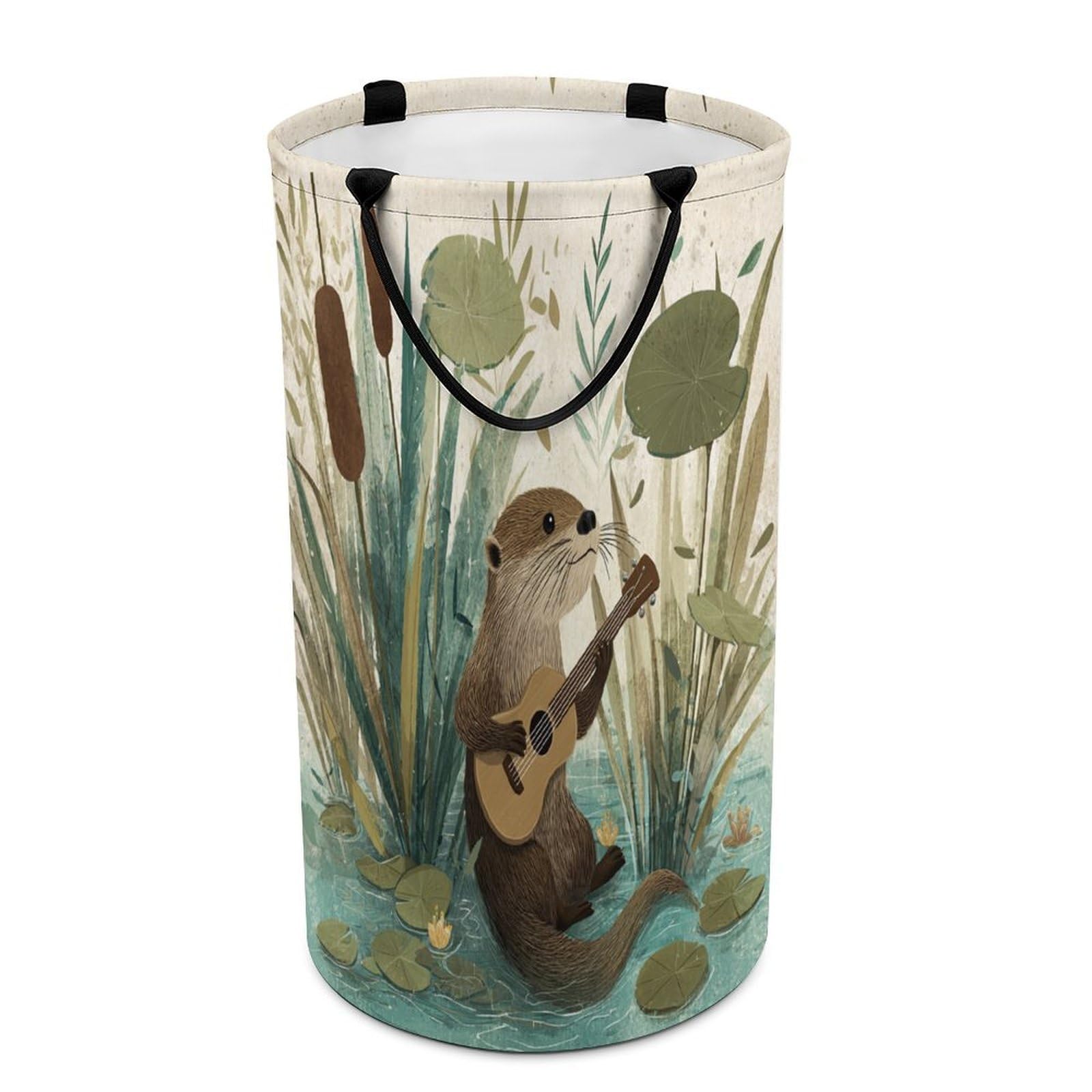 LUYYSKY Funny Cartoon Otter Playing Guitar Collapsible Dirty Clothes Basket, Retro Oil Painting Music Theme Animal Otter Lotus Leaves Portable Clothes Storage Laundry Basket-40 CM Dia, 69 CM High