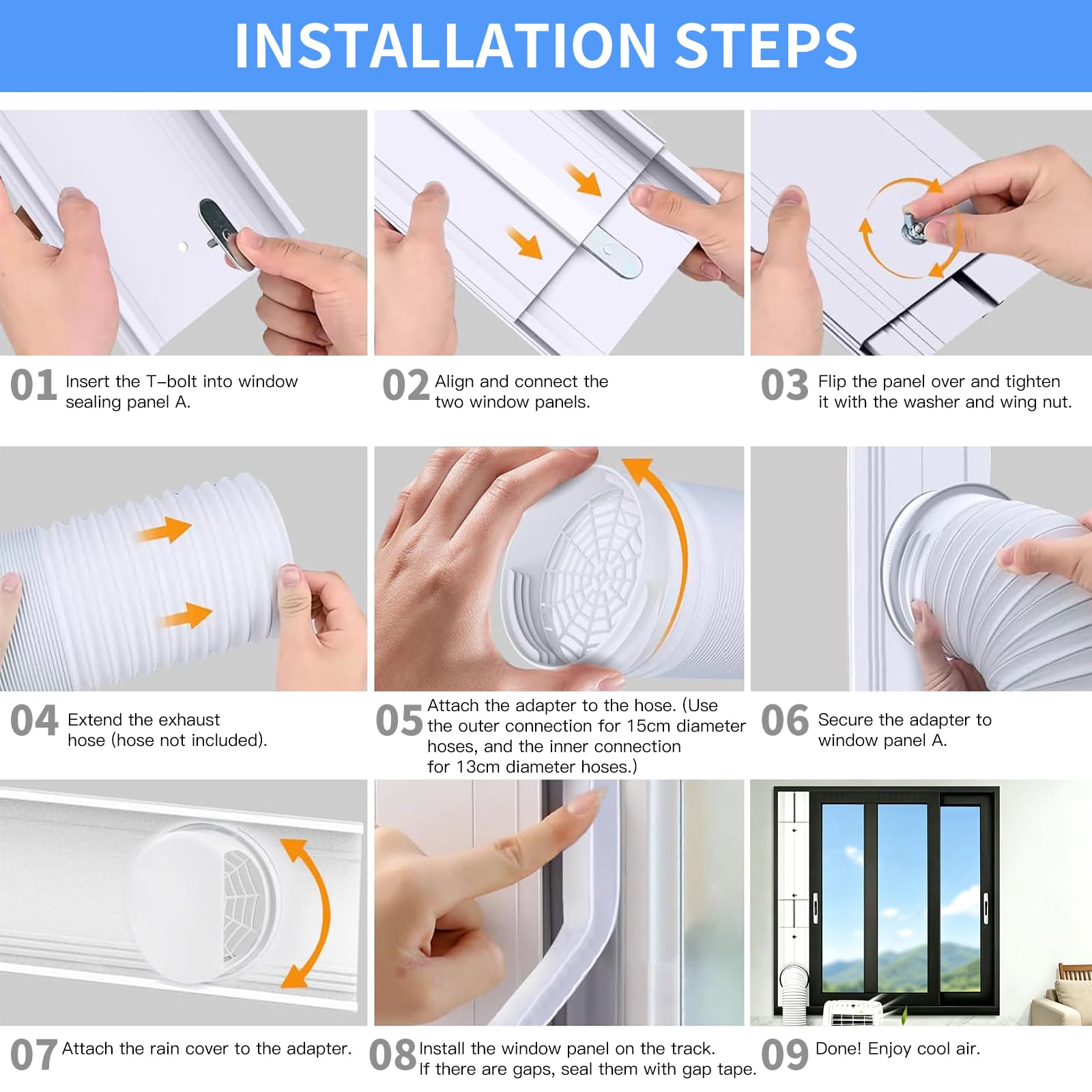 Kit de Fenêtre Climatiseur Mobile, Kit Calfeutrage Baie Vitrée 4 Pièces, Joint de Fenêtre Réglable avec Adaptateur Universel Ø13/15cm, Plaque d'Évacuation pour Fenêtre Coulissante et Velux