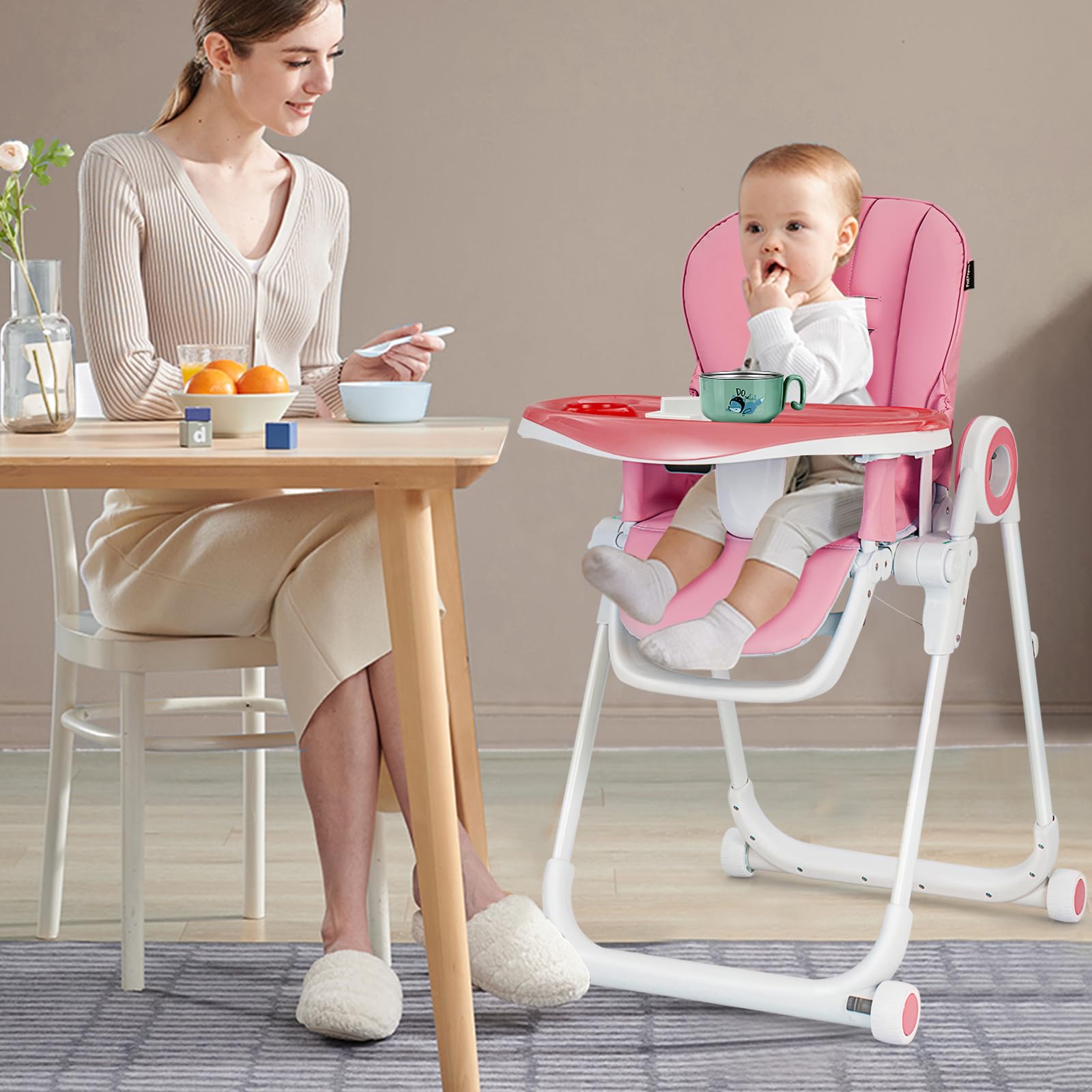 HONEY JOY High Chair with Wheels, Foldable Highchair for Babies & Toddlers, Adjustable Backrest/Footrest/Seat Height, Double Removable Trays, Detachable Seat Cushion for Boys Girls