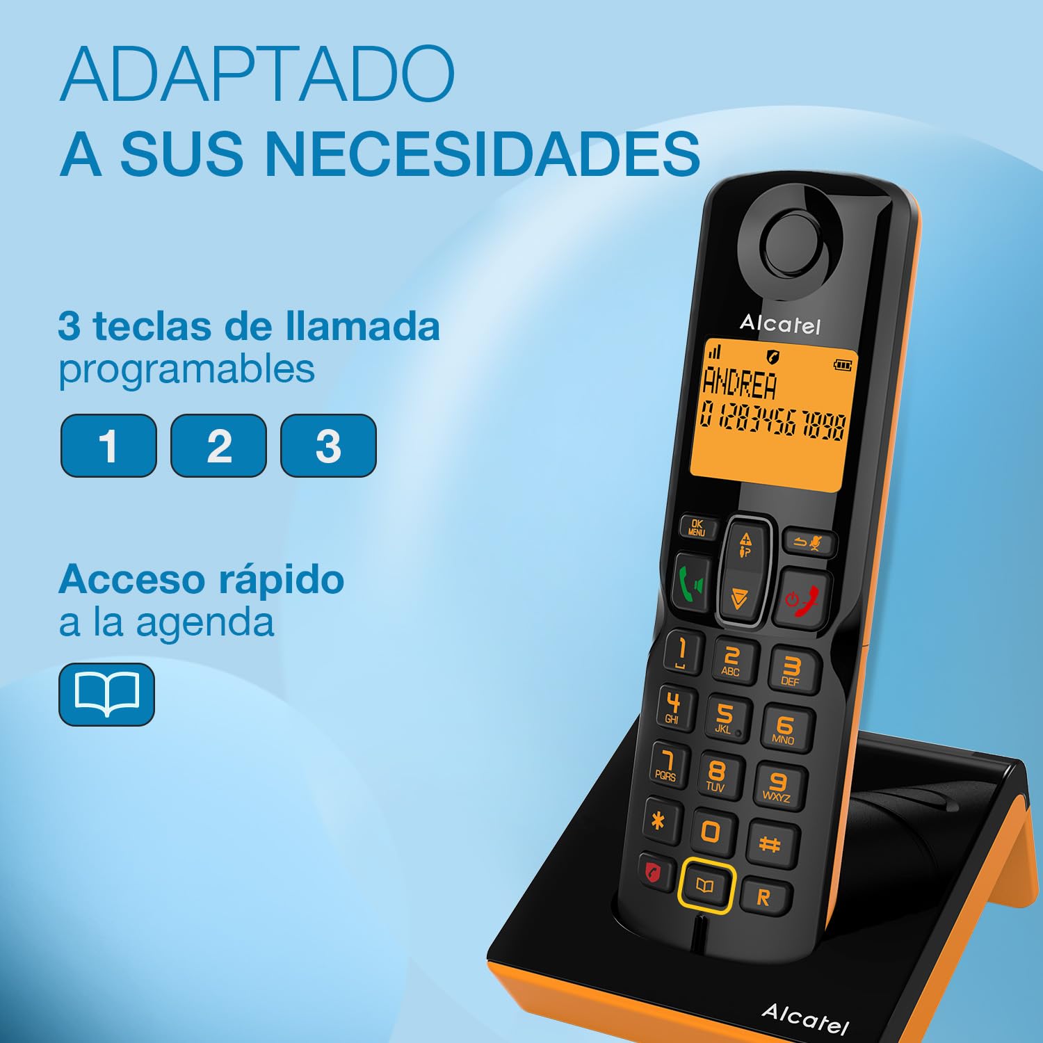 ALCATEL S280 - Teléfono inalámbrico DECT - Diseño Compacto - Pantalla Grande retroiluminada - Manos Libres - Bloqueo de Llamadas - Agenda 50 contactos - Negro/Naranja — view 3