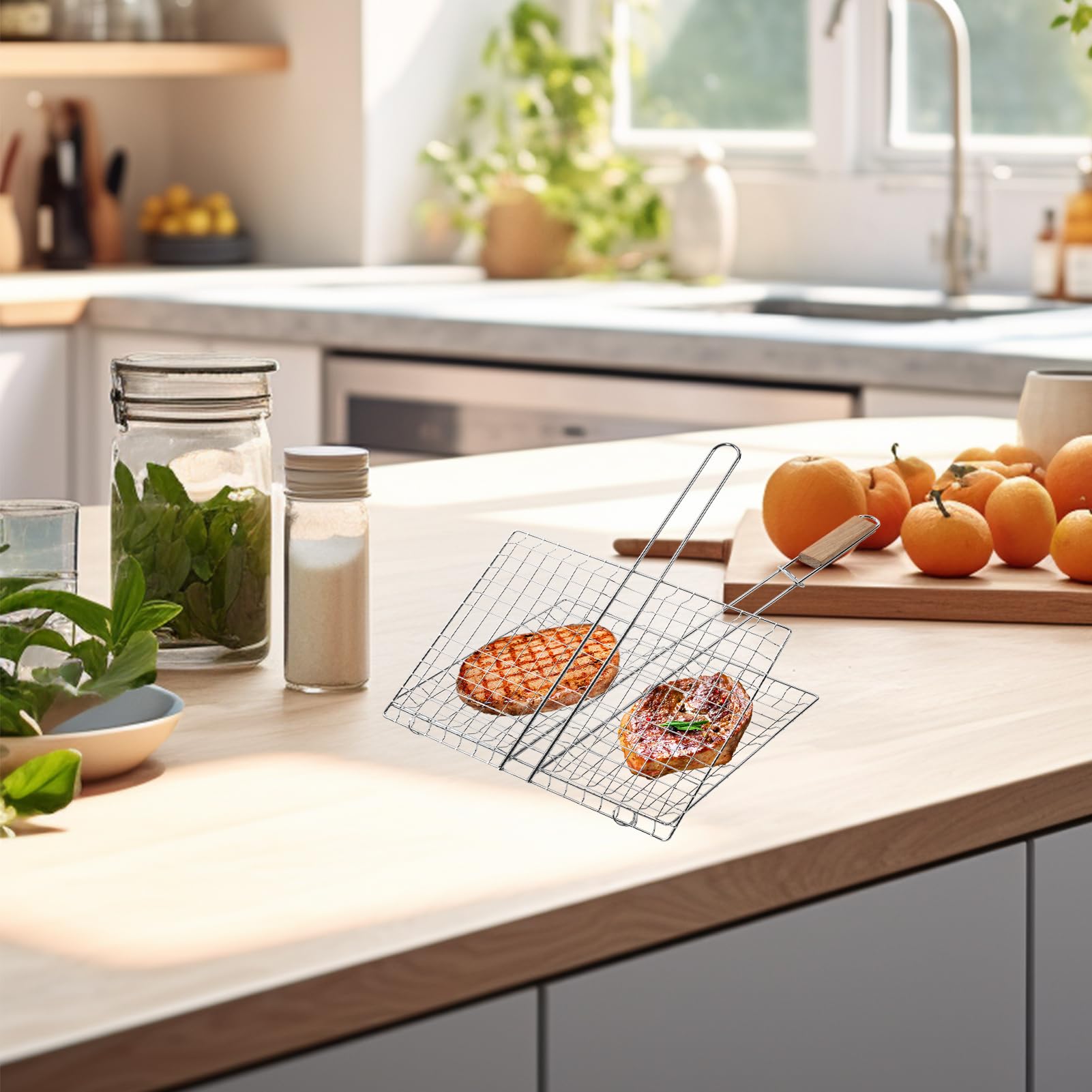 Natudeco BBQ Basket, Multipurpose Grill Basket with Handle for Meat, Fish, Shrimp, Vegetables