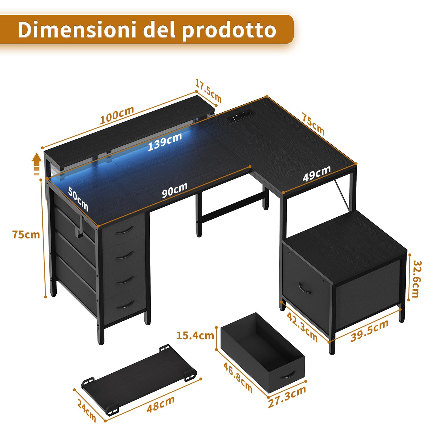 Devoko Scrivania Gaming Angolare 139x120 cm LED/Prese Nero | Tavolo gaming con 3 cassetti in tessuto e supporto monitor, Ideale per casa e ufficio