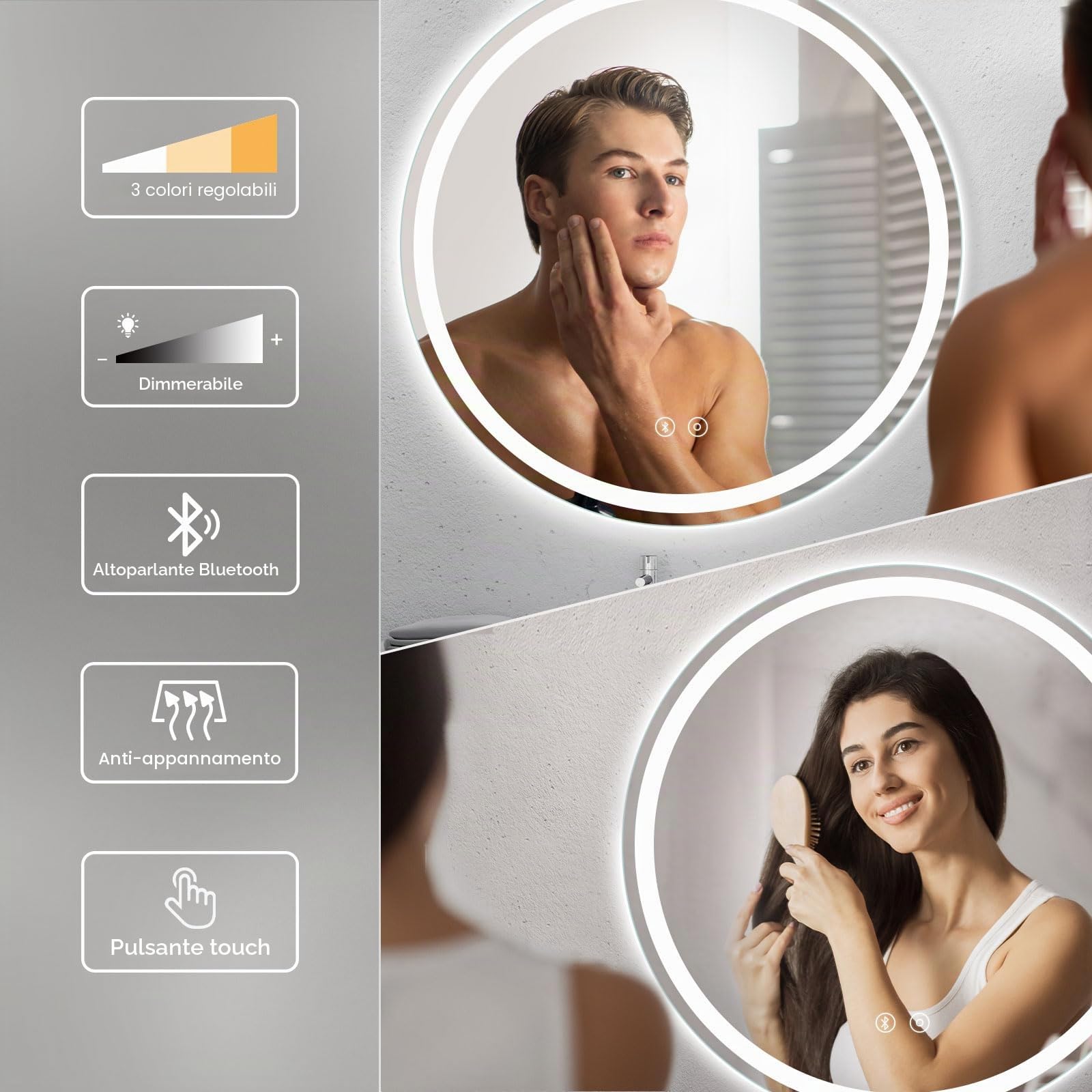 Dripex Rotondo Specchio da bagno con illuminazione 70cm Luce Specchio con altoparlante Bluetooth Anti-Nebbia Led Specchio Bagno con 3 Temperature Colore e Dimmerabile Smart Touch IP44