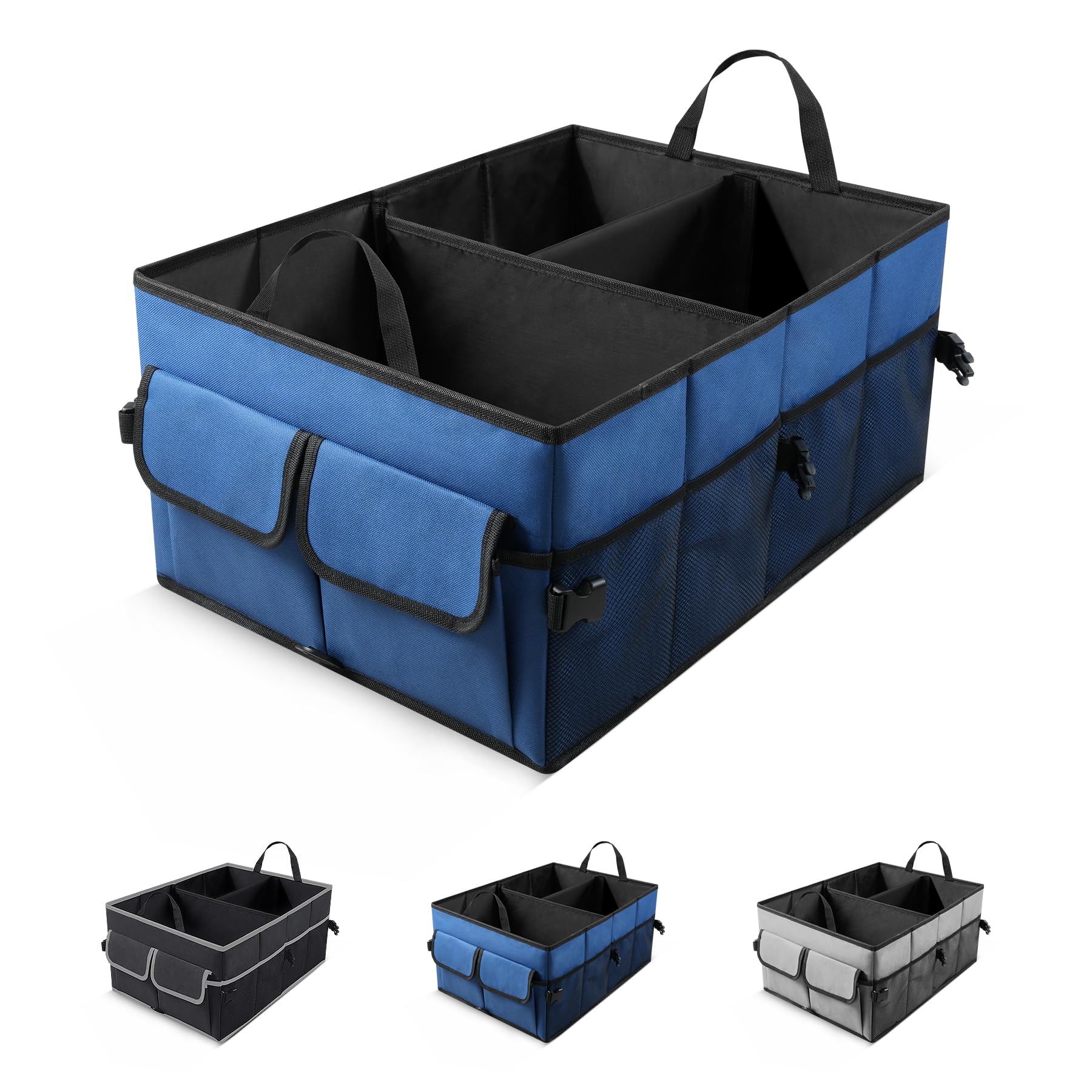 UYYE Auto Collapsible Trunk Organizer, 3 Large Compartments and 6 Pockets Durable for Cargo Storage, Easy to Storage Tools With Adjustable Securing