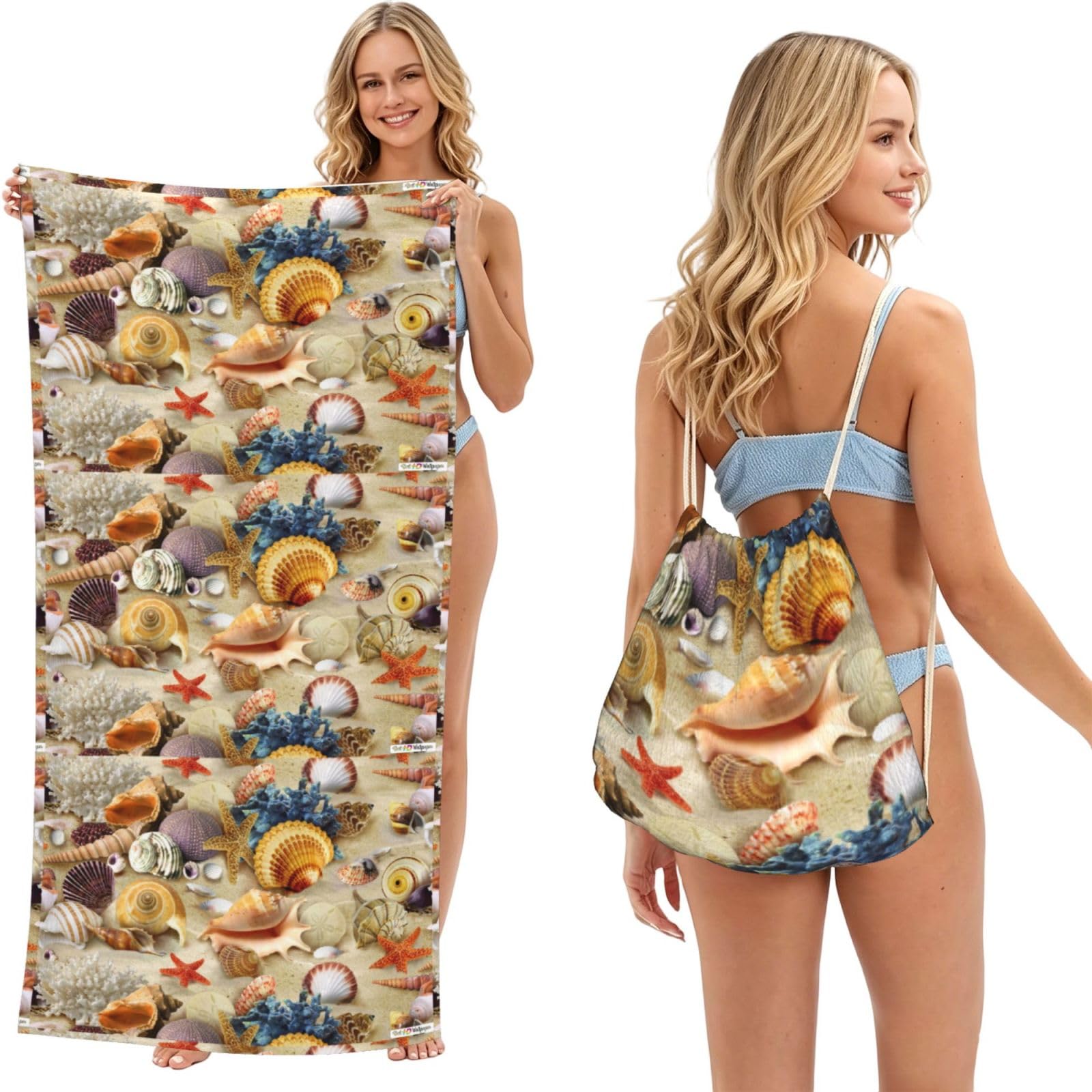 Poadnly As Picture Colorful Group Of Seashells, 2 In 1 Packable Towel Bag, Beach Towels With Drawstring Backpack For Travel Holiday Camping