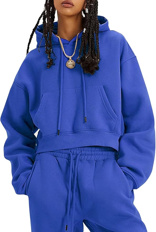 Flygo Womens Fleece 2 Piece Outfits Sweatsuit Crop Pullover Sweatshirt Joggers Pants Tracksuit Set