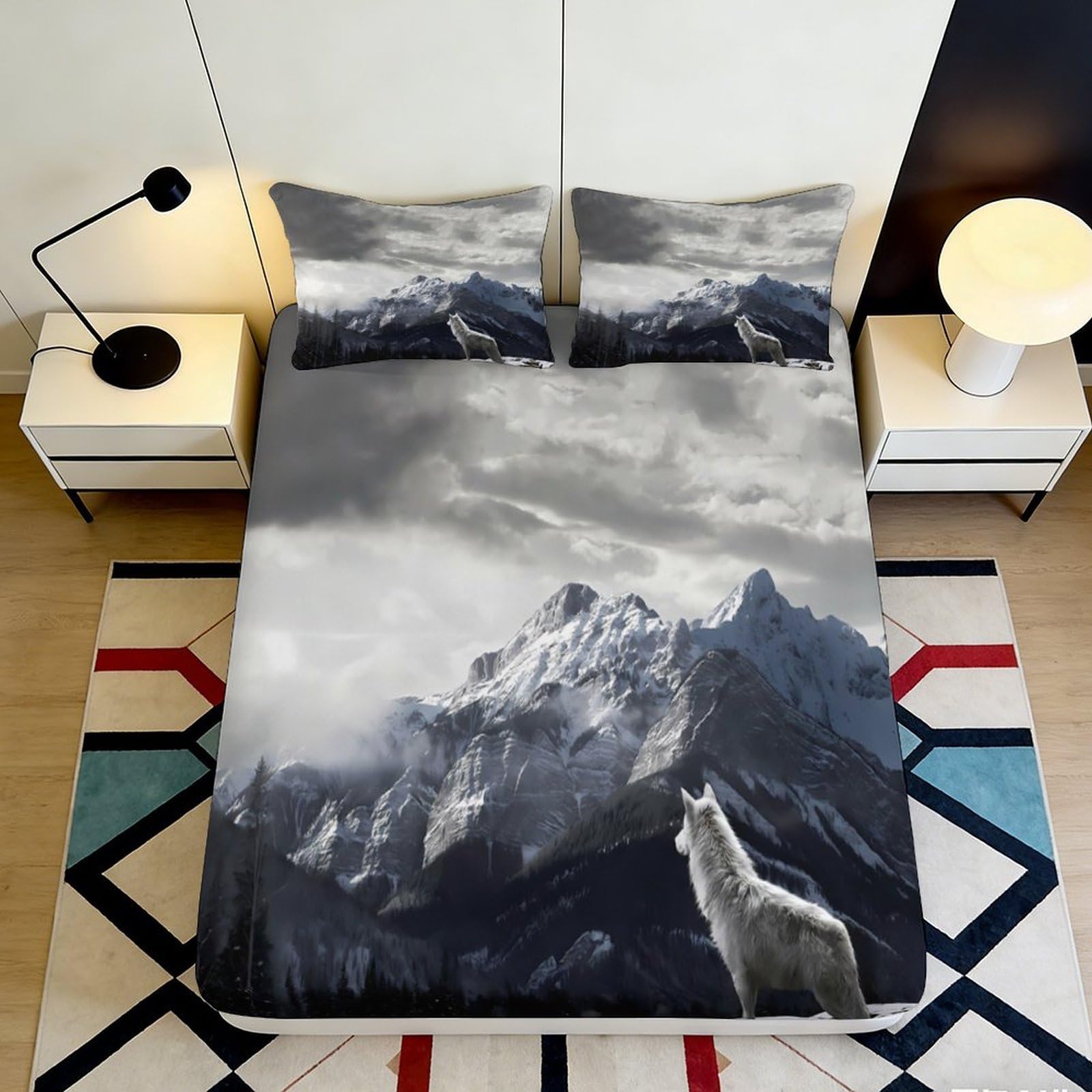 3D Printed Wolf Mountain Fitted Sheet Microfiber Durable Soft Grey Landscape Bed Cover for Bedroom Dormitory Guest Room Mattress Protection 90x200x25cm