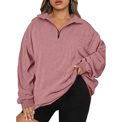 Chulianyouhuo Women Plus Size Oversized Sweatshirt Ribbed Corduroy Half Zip Pullover Tops Casual Long Sleeve Hoodies Clothes