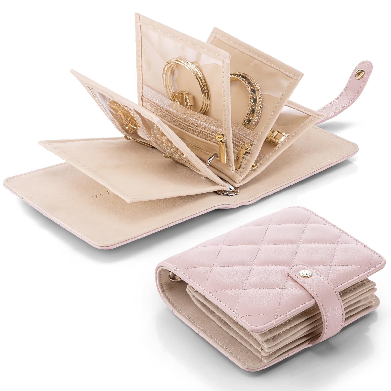 Vlando Travel Jewelry Organizer Case,Travel Gifts for Women,Portable Jewelry Storage Book Ring Binder with Clear Zipper Velvet Jewelry Pouch Bag-Pink