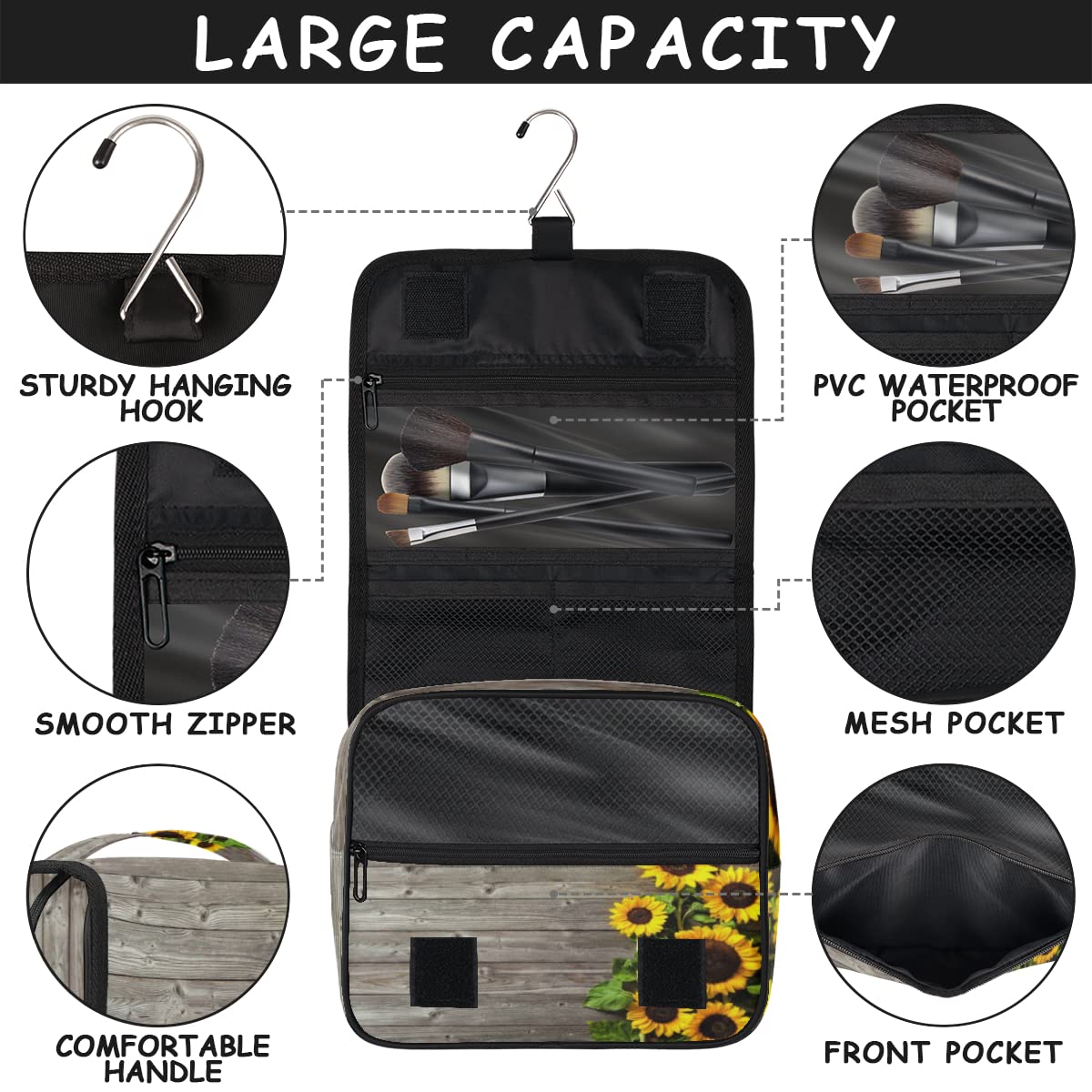 Słonecznik Deski Podróżna Kosmetyczka Słonecznik Retro Mycie Torba Unisex Wiszące przybory toaletowe Kosmetyczka Organizer do makijażu, wielobarwny, Jeden rozmiar