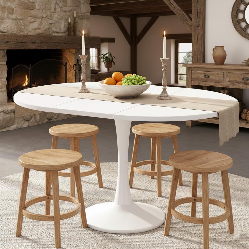 Tavolo da pranzo allungabile bianco, 100-140 cm, ovale/rotondo, per 2-8 persone, in legno, moderno tavolo da soggiorno e cucina, tavolo rotondo (A, bianco)