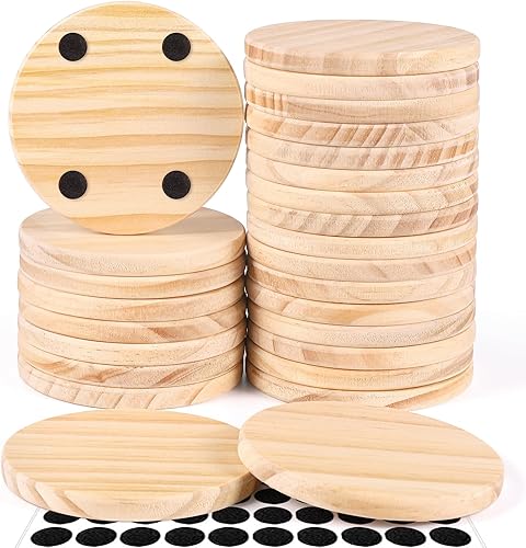 26 posavasos de madera sin terminar, posavasos redondos de madera en blanco de 4 pulgadas para manualidades con puntos de silicona antideslizantes