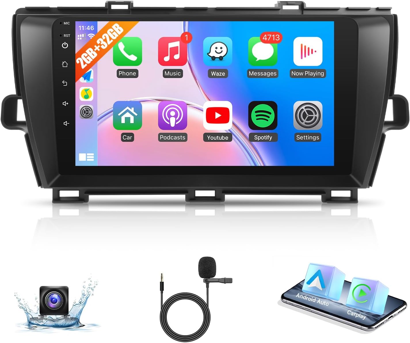 Naifay Android Car Radio for Toyota Prius 2010 2011 2012 2013 2014 2015 (Non J.B.L Version), 9inch Touch Screen for Toyota Prius Head Unit with Carplay Android Auto Bluetooth FM GPS WiFi SWC Camera