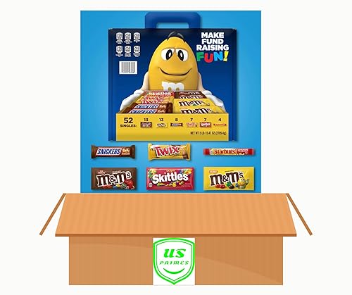 M&M'S, Skittles, Snickers, Twix & Starburst Fundraiser, barras de caramelo a granel (52 unidades) + caja de seguridad US Primes