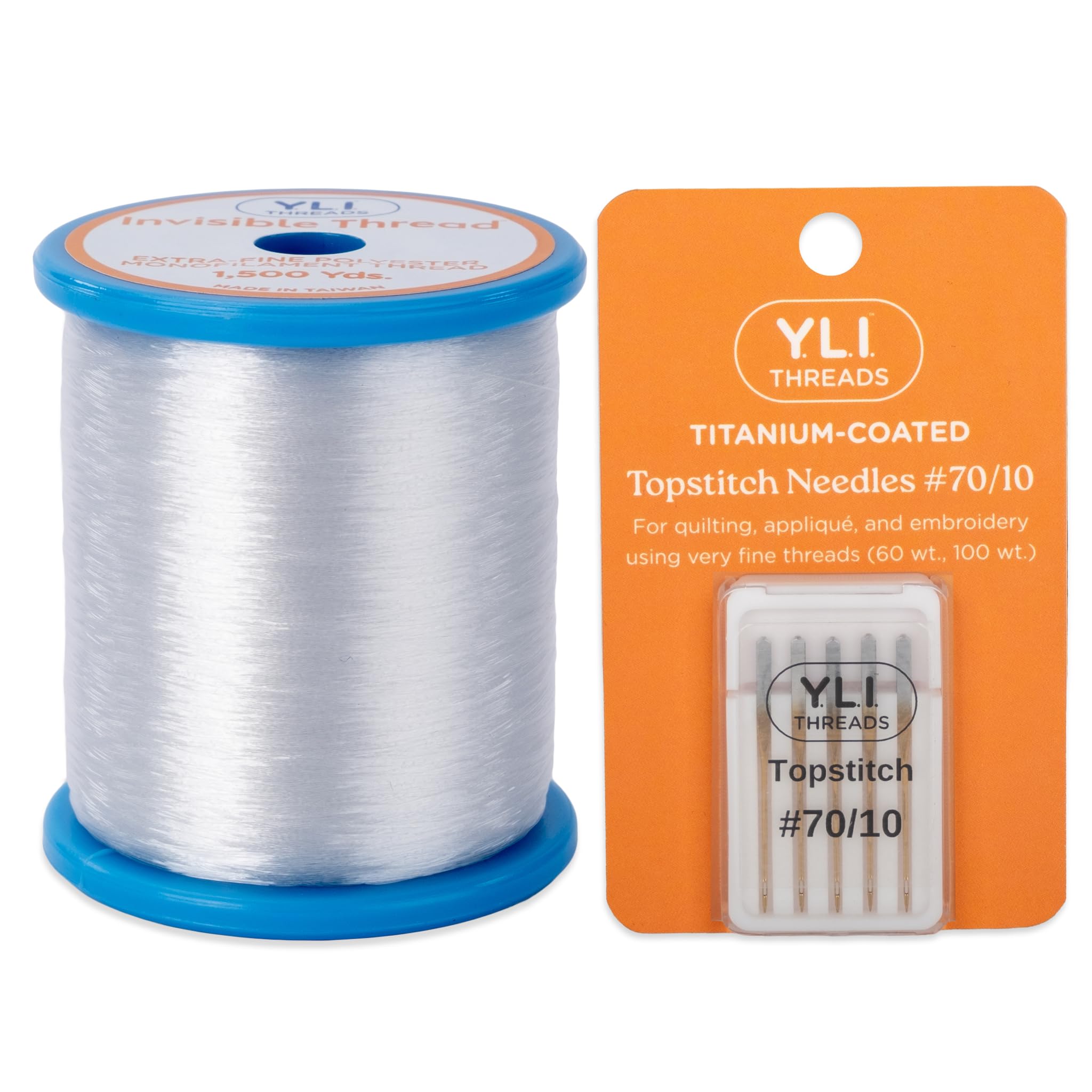 YLI Invisible Thread  Fine Polyester Monofilament for Quilting, Appliqu & Stitch-in-The-Ditch (Invisible Thread Poly & Topstitch #70/10, Combo Pack) Clear Polyester Spool + Topstitch Needles (#70/10)