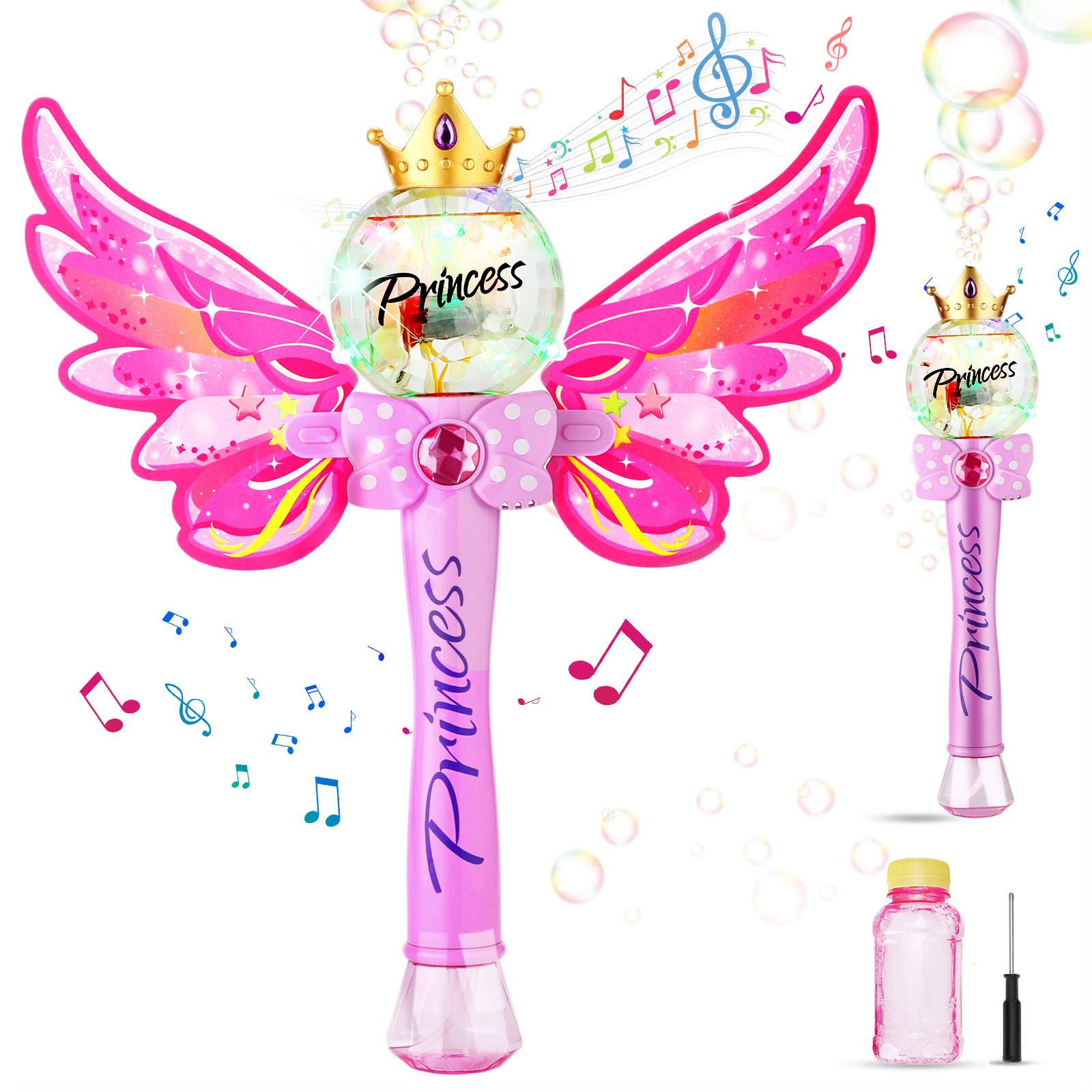 Ucradle Bubble Machine - Automatic Wand Blower Magic Fairy Stick Maker With Musical Light, 1000+ Colorful Bubbles Per Minute, Solution Bottles Included - Party Toys for 3+ Year Old Girls