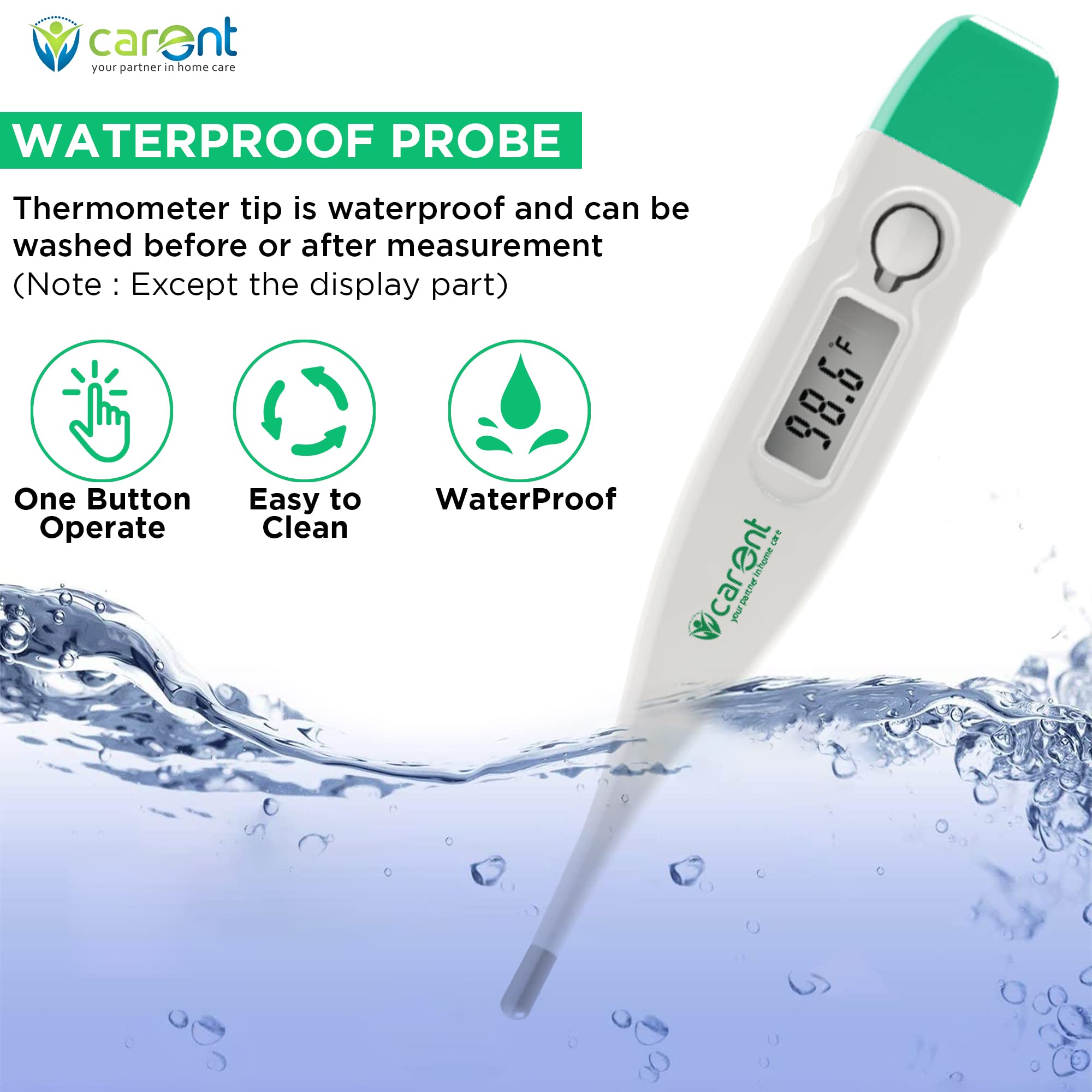 Carent DT-03 Waterproof Premium Digital Thermometer pack of 2 Body Fever Testing Machine for Kids Adults & Babies Thermometer with fever Alarm Thermometer (White and Green) - Image 4 thumbnail