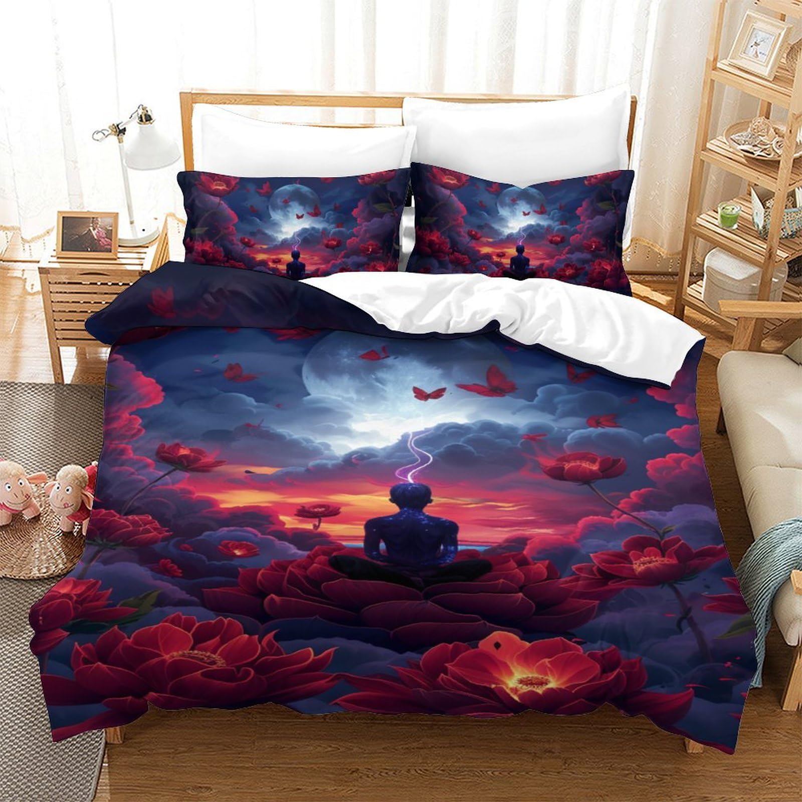 Housse de couette Bouddha 3D pour lit enfant en microfibre douce anti-glisse avec taies zippées