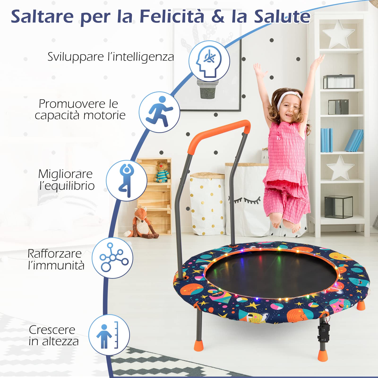 COSTWAY Trampolino per Bambini da Interno ed Esterno, Tappeto Elasctico Bambini 3-6 Anni in Acciaio con Maniglia Rimovibile, Luci LED, Cuscinetti Antiscivolo e Copertura Protettiva