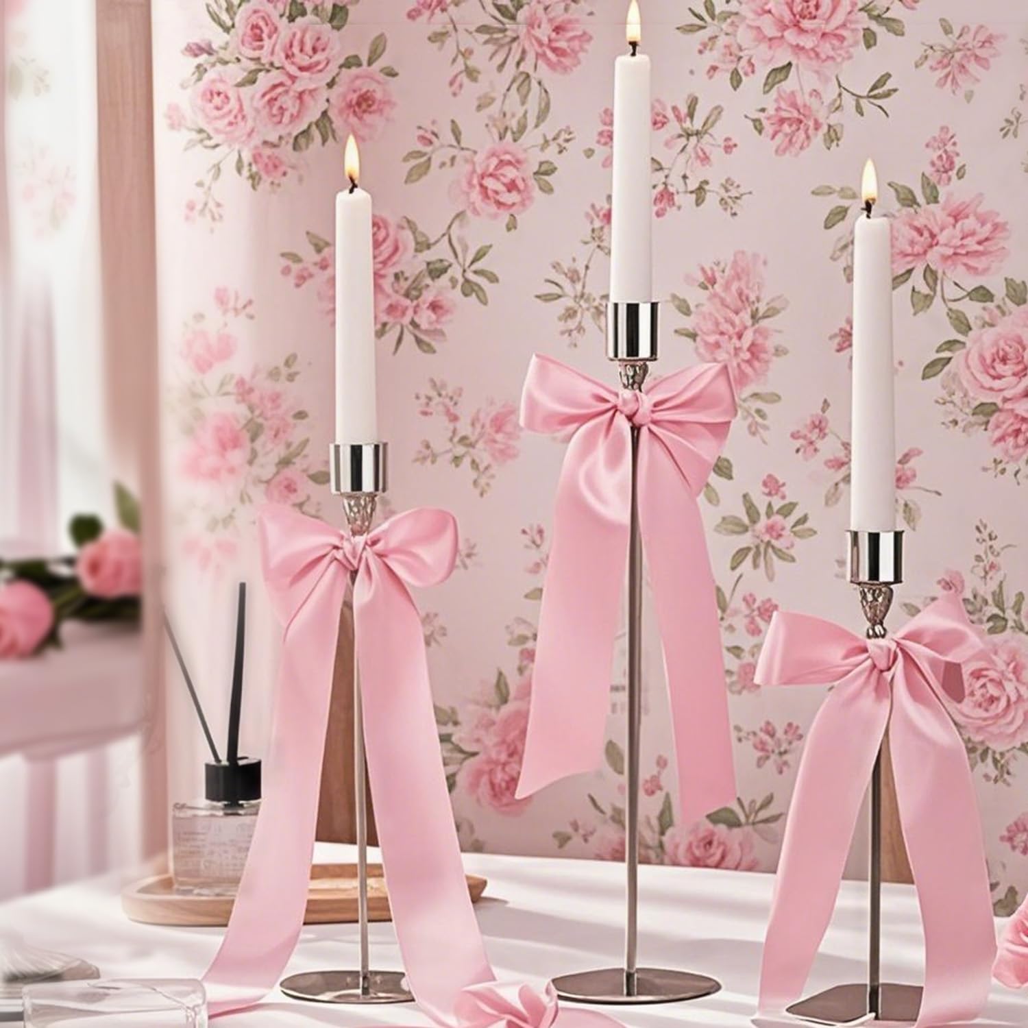 16pcs Pink Candlestick Bows Decor Pink Ribbon Bows Set - 12 Inch Candlestick Decorations for Weddings, Parties, Bridal Showers & Home Decor
