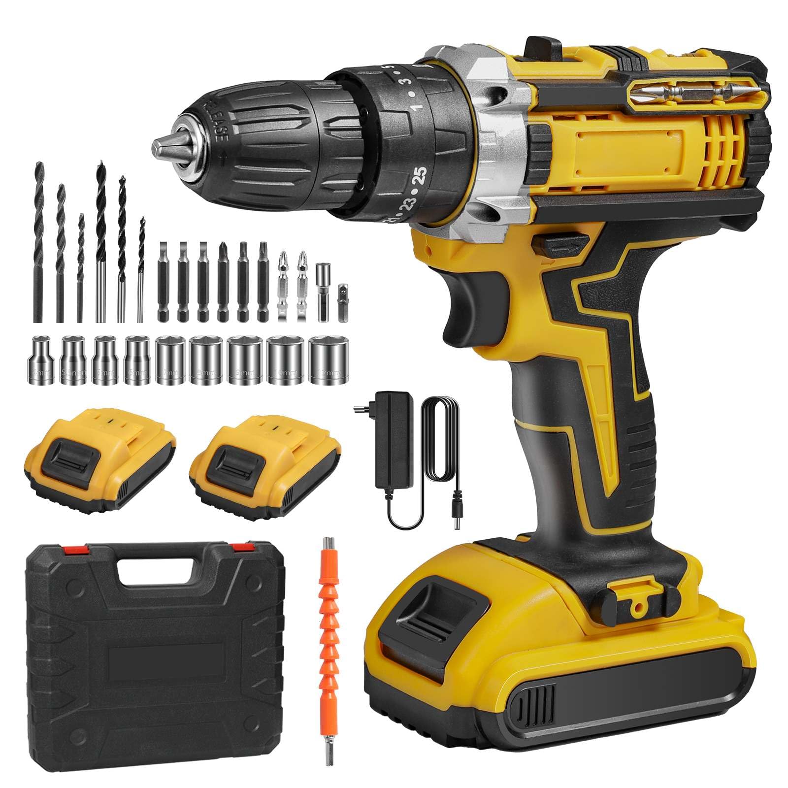 Perceuse Visseuse Sans Fil,18V Visseuse Devisseuse avec 2 Batteries,45Nm Perceuse Percussion,25+3 Réglages de Couple,2 Vitesses,24 Accessoires et Valise,LED Light,pour la Bricolage (2 Batteries)