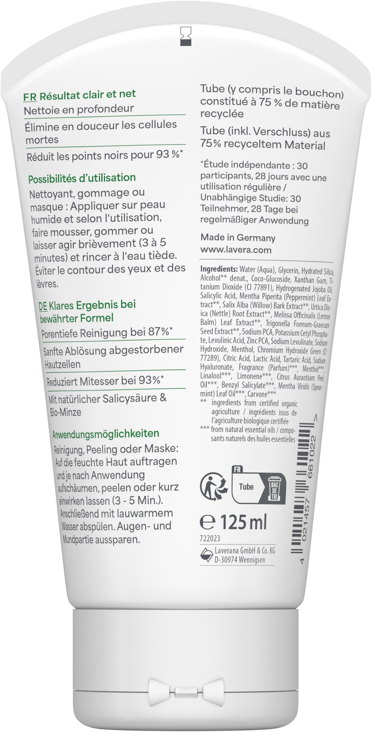 lavera Pure Beauty 3en1 Nettoyant Gommage Masque - Élimine en douceur les cellules mortes - Réduit les points noirs chez 93% des participant(e) s - vegan - 125 ml