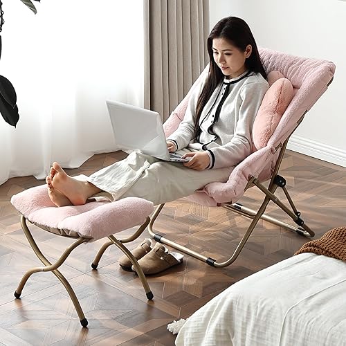 Miniatura 9 de Welnow Cómoda silla platillo con otomana, silla de lectura plegable de gran tamaño para adultos con almohada, silla de salón de piel sintética suave