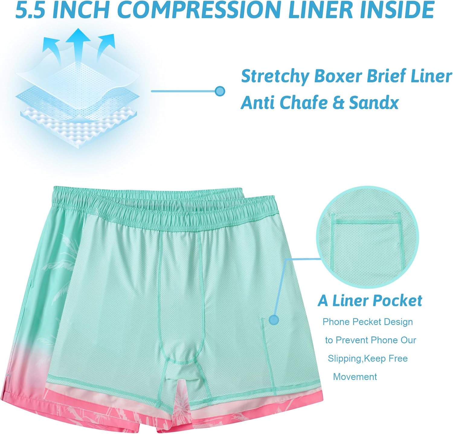 Cozople Mens Swim Trunks with Compression Liner 5.5" Inseam Quick Dry Bathing Suit Lightweight Swimming Shorts - Image 6