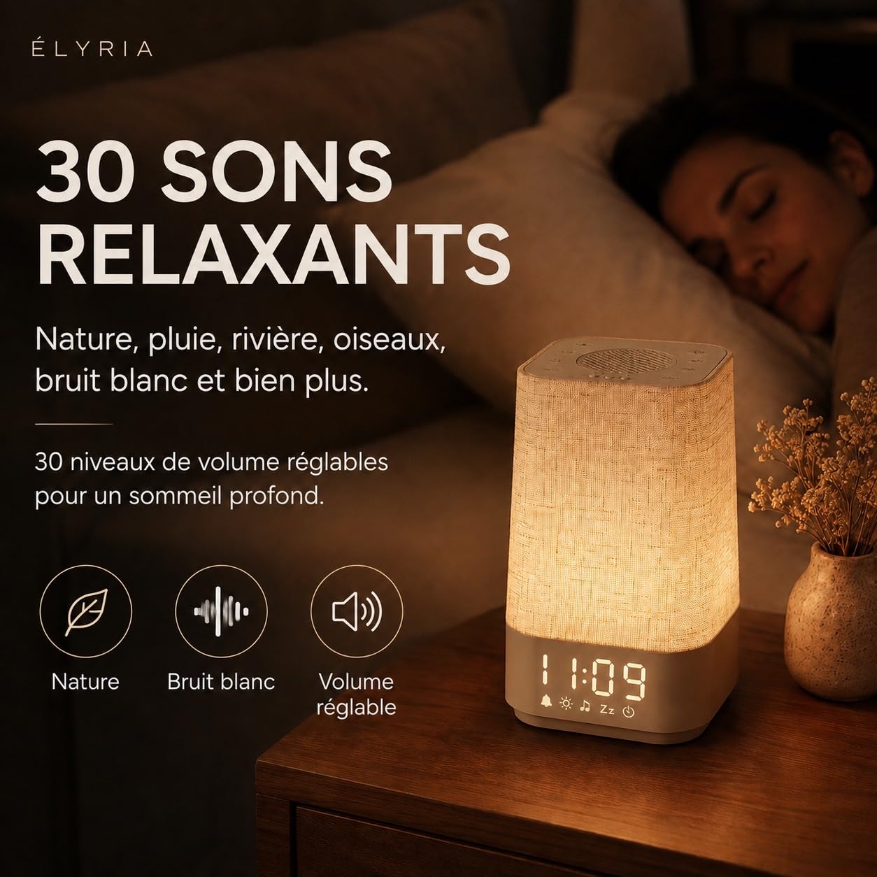 Réveil Lumineux Simulateur d'Aube, Réveil Lever de Soleil avec 30 Sons Relaxants, Lampe de Chevet LED, 13 Modes Veilleuse, Réveil Digital avec USB, Fonction Mémoire, Adaptateur Inclus